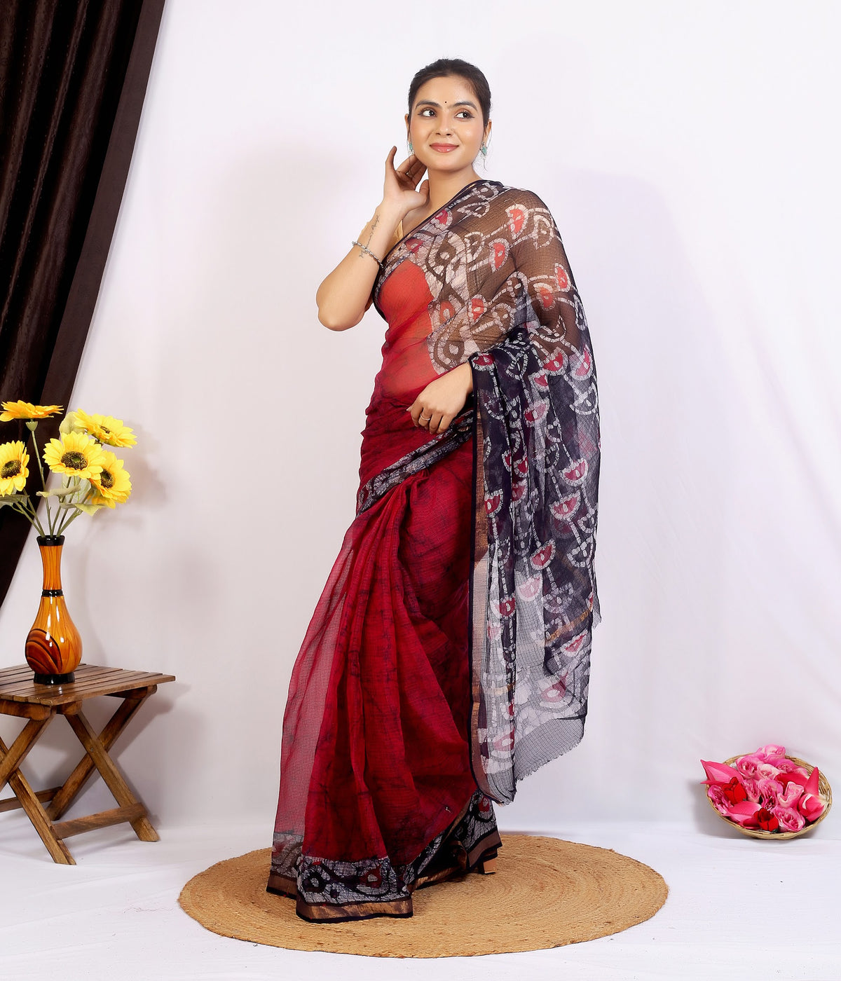 Maroon Black Pallu Kota Doria bagru hand block print saree with blouse – maroon and black – wholesale Jaipur – view 6
