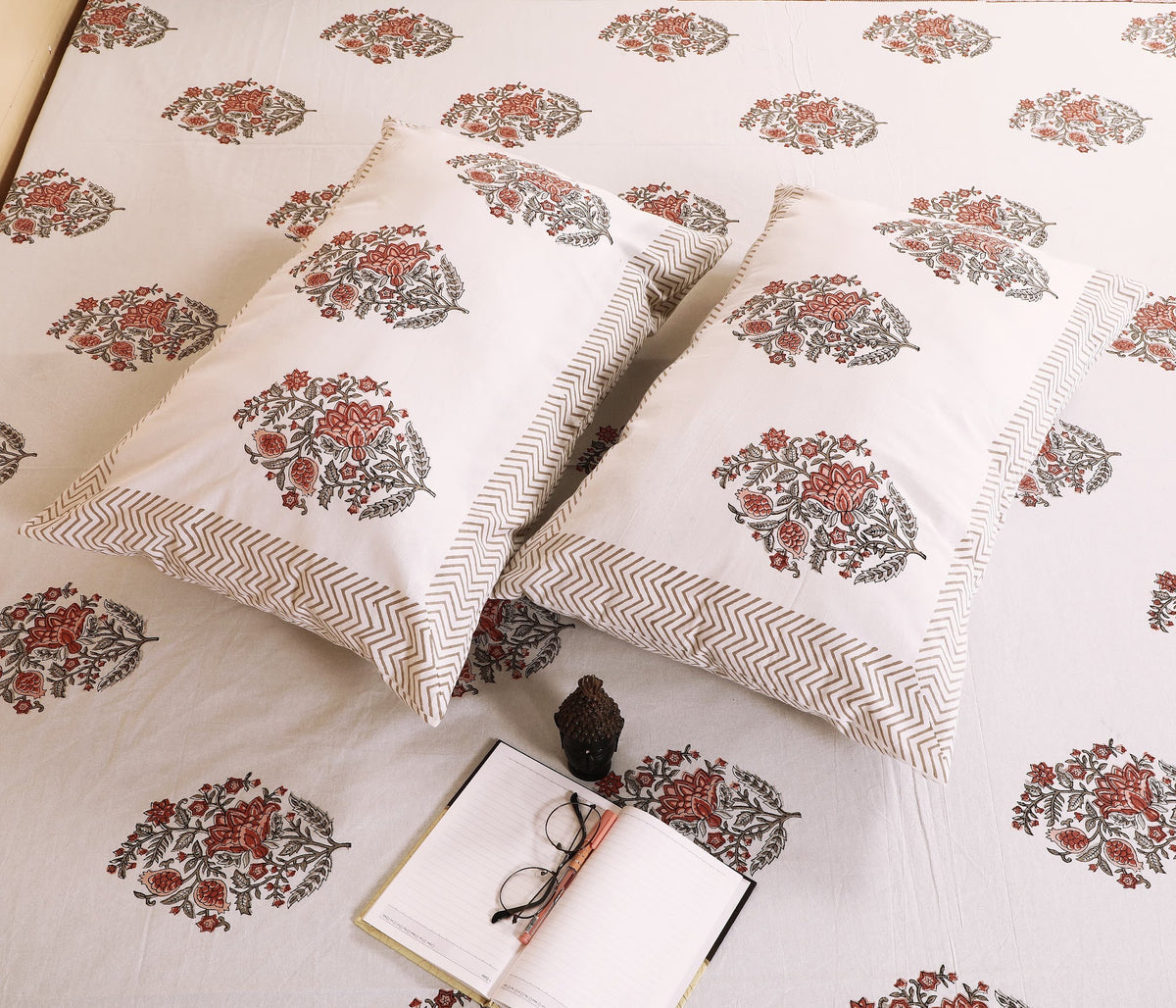 Terracotta Guldasta hand block printed Murugan cotton double bedsheet 95x108 with 2 pillow covers – terracotta and grey – wholesale Jaipur – view 3
