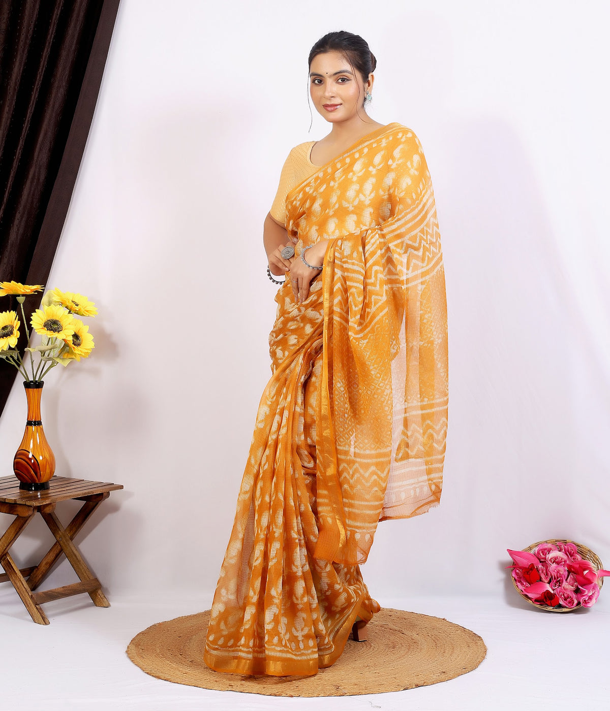 Orange Bagru Jaal Kota Doria bagru hand block print saree with blouse – orange – wholesale Jaipur – view 6