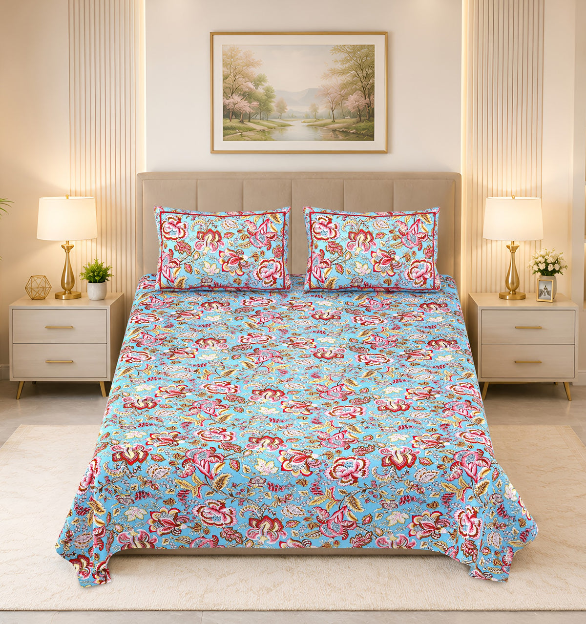 Kalashree Aqua Kalamkari Floral premium cotton double bedsheet 100x108 with 2 pillow covers – aqua and red – wholesale Jaipur