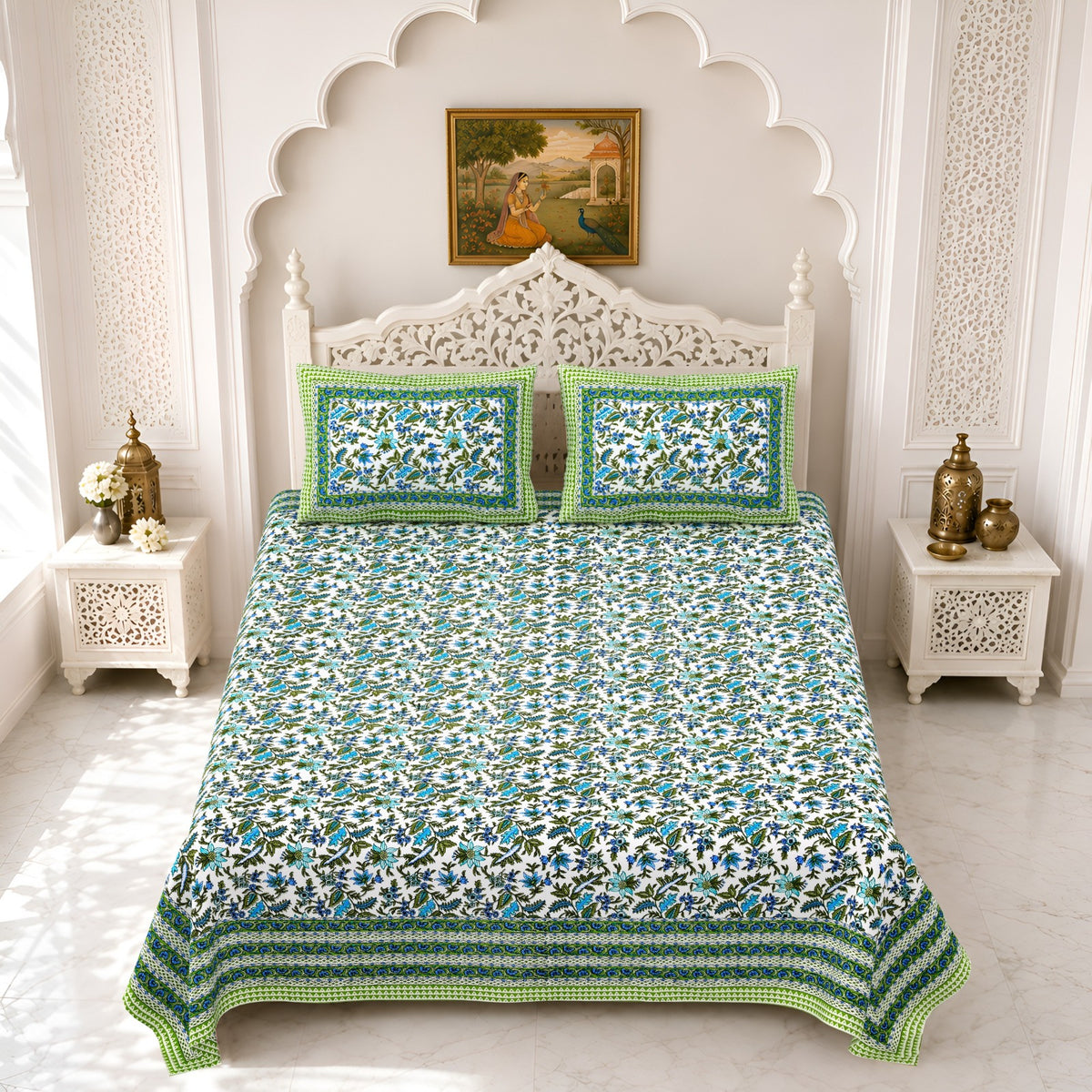 Premium Royal Block Green Floral Jaal Cotton Double Bedsheet 90x108 with 2 Pillow Covers Bedsheet 1OzpnRp4Pgeh_M5hboGP4i83QmxuRVbVm_w2000