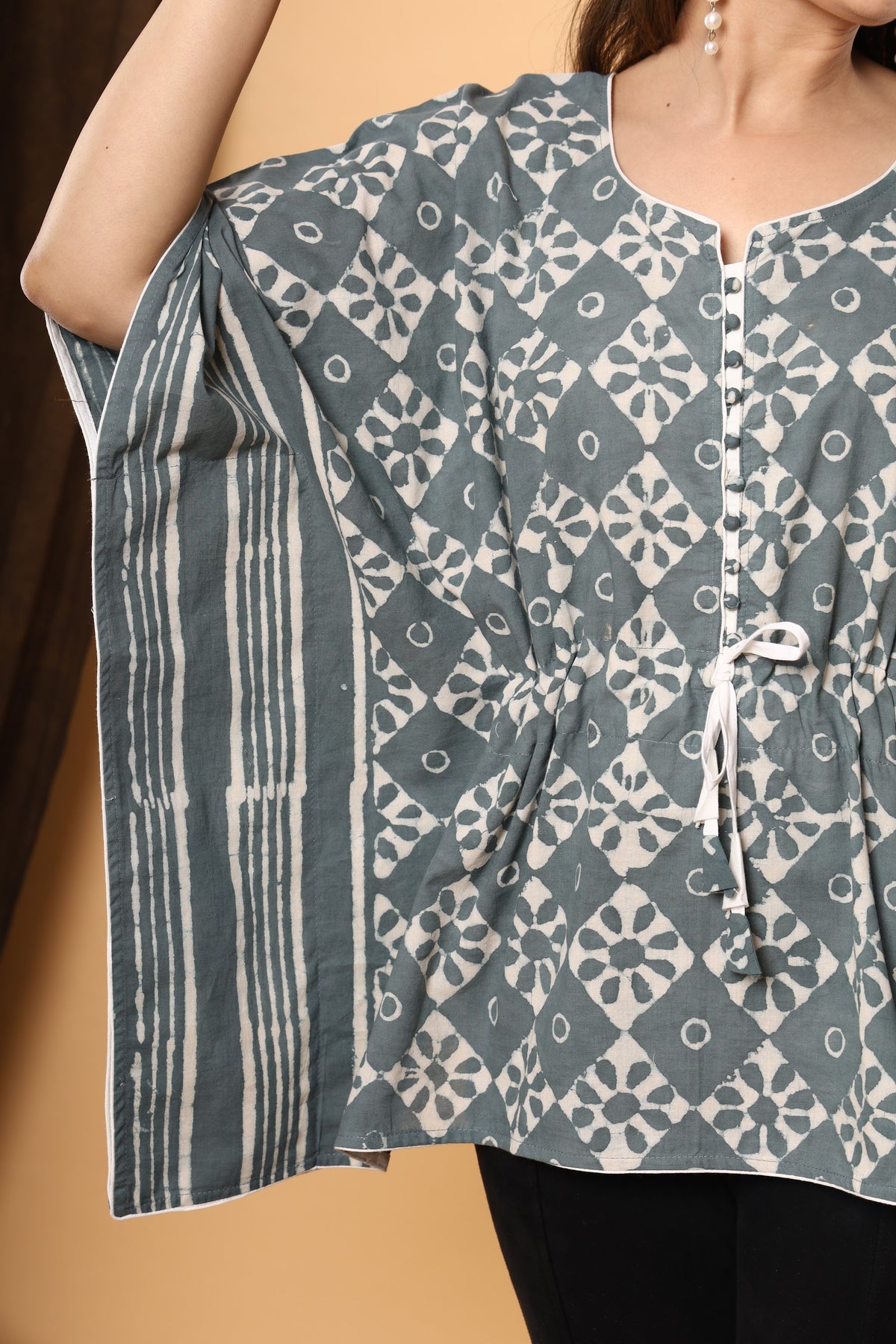 Grey Floral Stripe short kaftan top – make to order wholesale – view 6