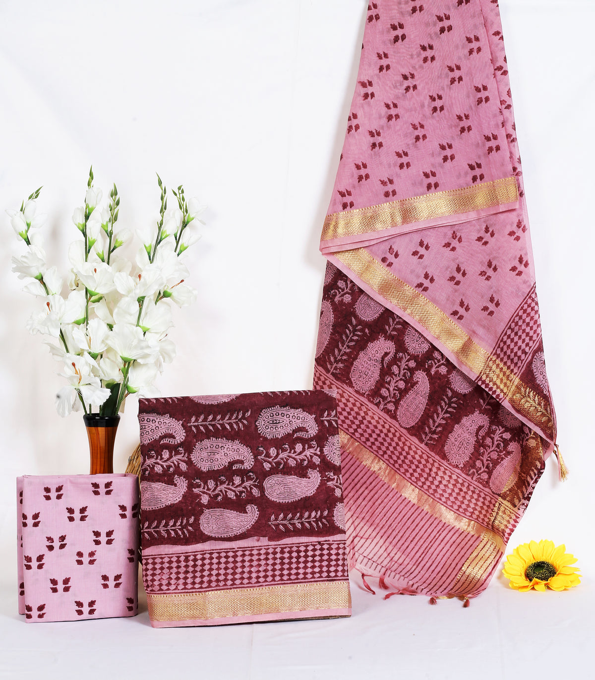Kattha Kairi wine paisley maheshwari silk hand block print suit material with zari border – wholesale Jaipur