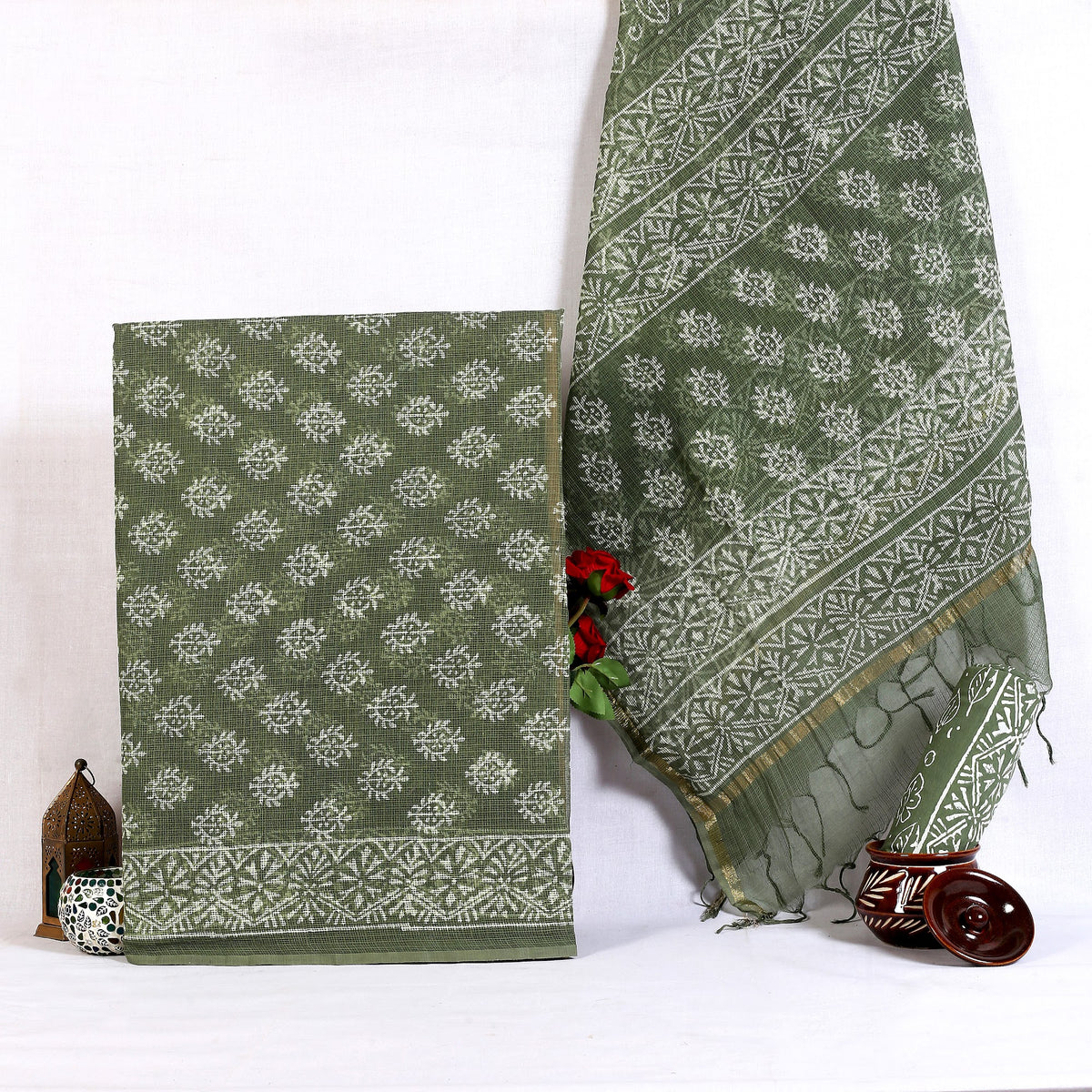Olive Green Buta Hand Block Print Pure Kota Doria Suit | Zaitun Kota Buta | Unstitched 3 Piece (Top & Dupatta Kota) | Wholesale Suit Material 1PlDnyZ0VoHG-jxh7_14dxADCeRp_a6ee_w2000