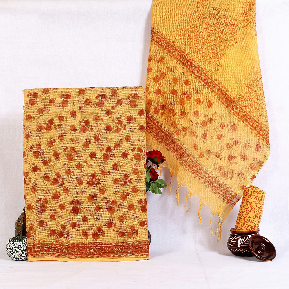 Yellow Orange Floral Dot Hand Block Print Pure Kota Doria Suit | Basanti Bindu | Unstitched 3 Piece (Top & Dupatta Kota) | Wholesale Suit Material 1PmZi0gYmVH5PH45VDGDEC2XW5HCRMvdy_w2000