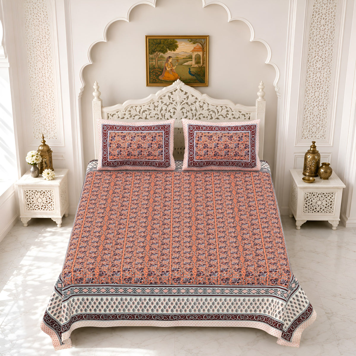 Premium Royal Block Rust Floral Border Cotton Double Bedsheet 90x108 with 2 Pillow Covers Bedsheet 1Pn9SeQ015aZal1ZzVUP4T0G8cj__8XIc_w2000