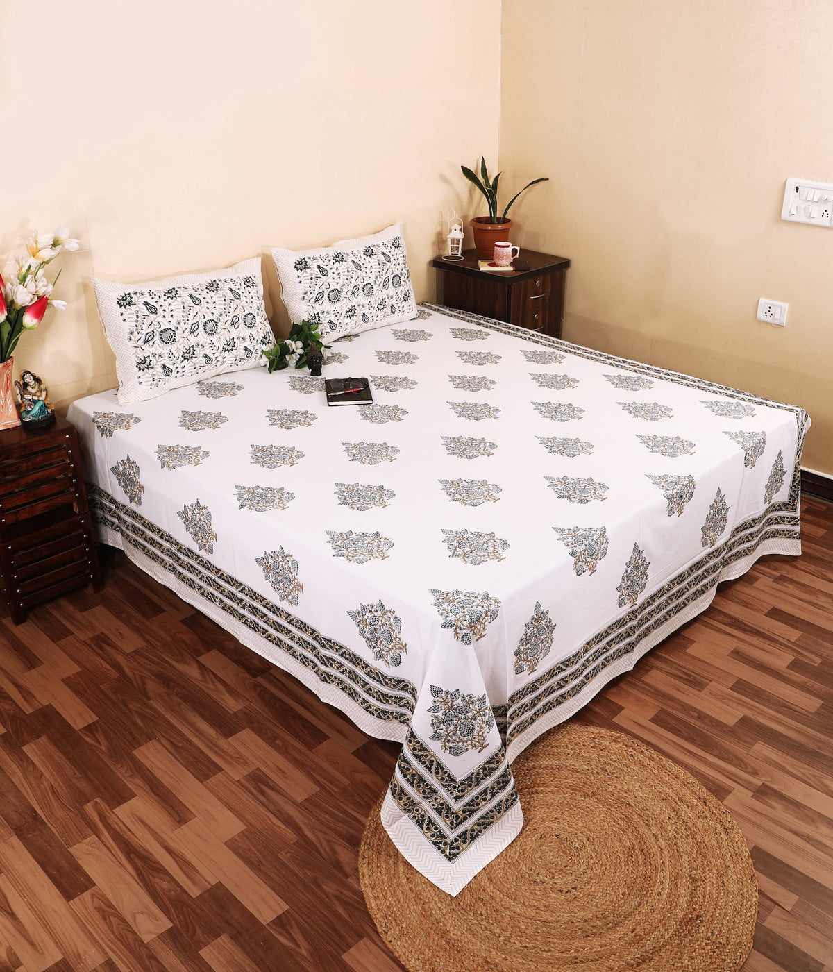 Khaki Guldasta Hand Block Printed Murugan Cotton Double Bedsheet 95x108 with 2 Pillow Covers Bedsheet 1PvPLp-Oqw_bZ3XmTuxh__AzDHTyeH0u1_w2000