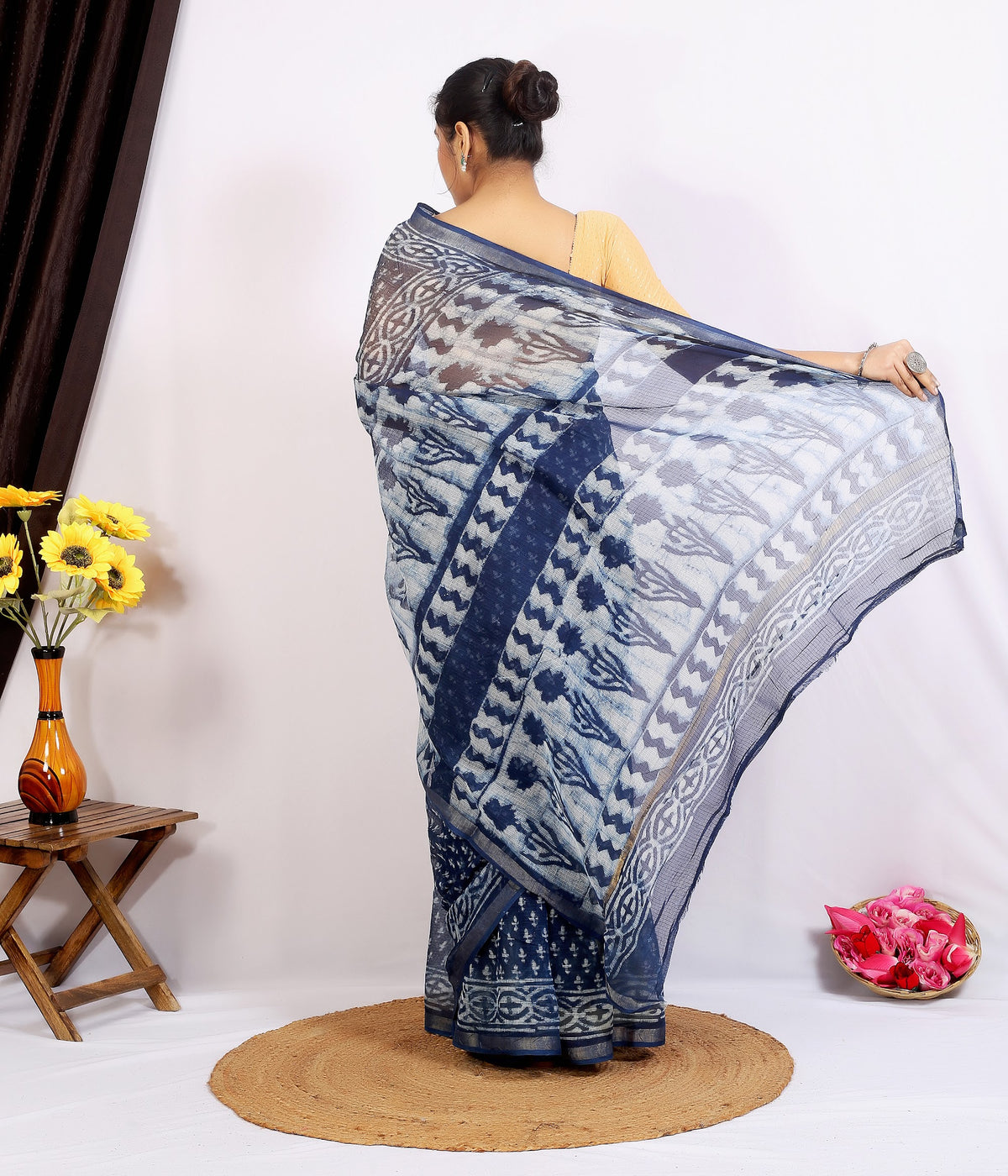 Navy Indigo Buti Dabu Kota Doria dabu hand block print saree with blouse – navy indigo – wholesale Jaipur – view 3
