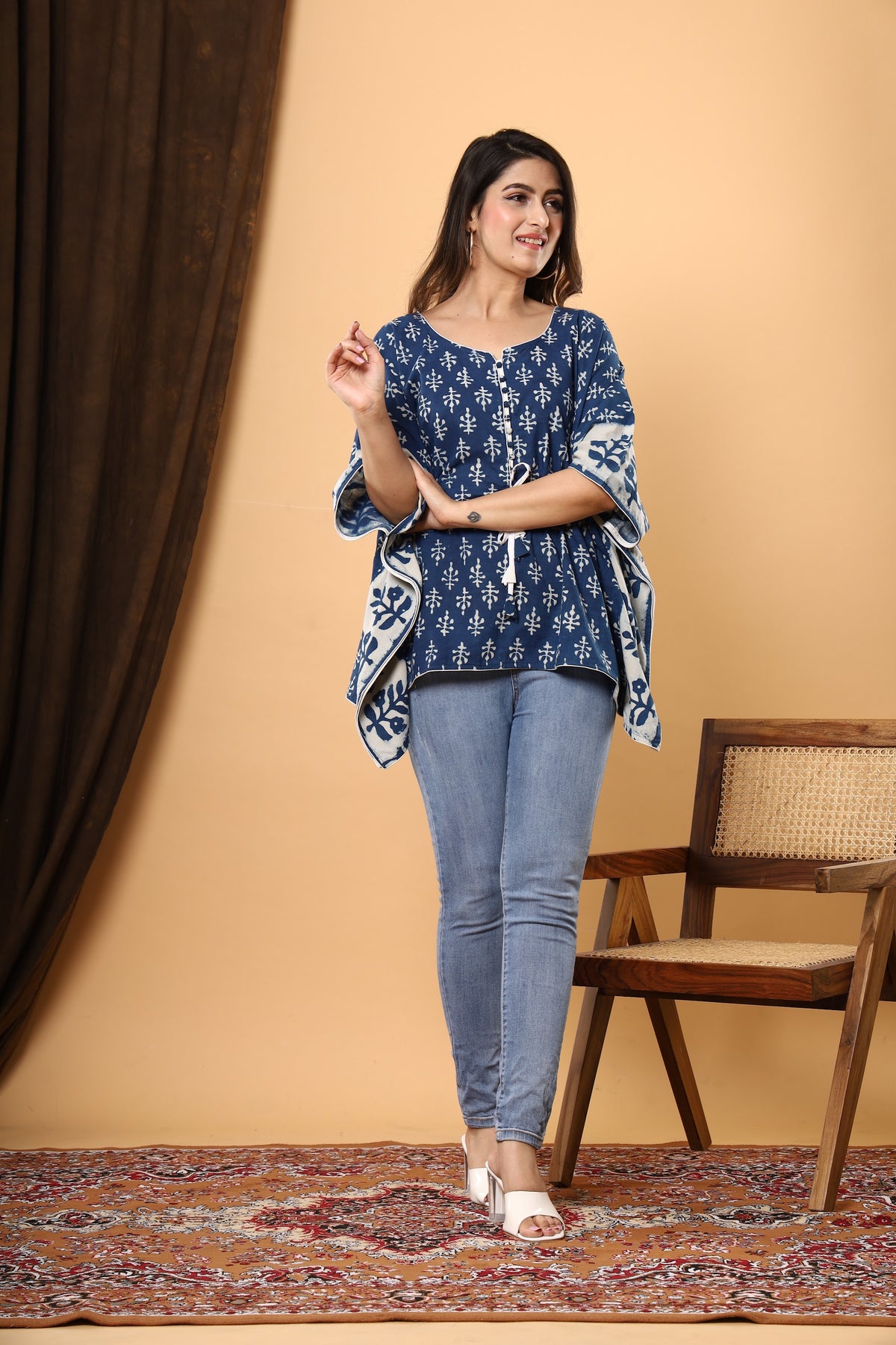 Indigo White Buta short kaftan top – make to order wholesale