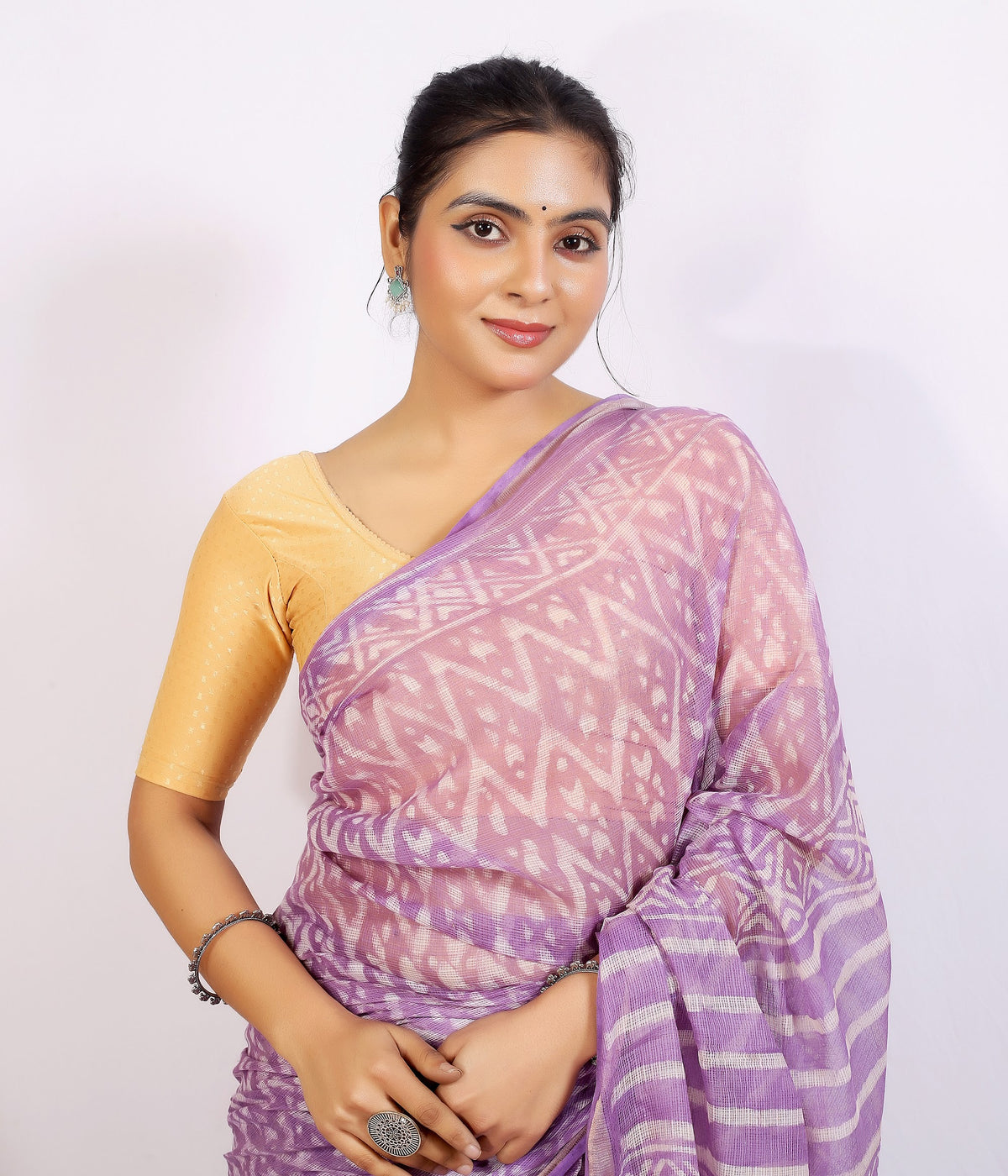 Lilac Floral Buti Kota Doria bagru hand block print saree with blouse – lilac – wholesale Jaipur – view 5