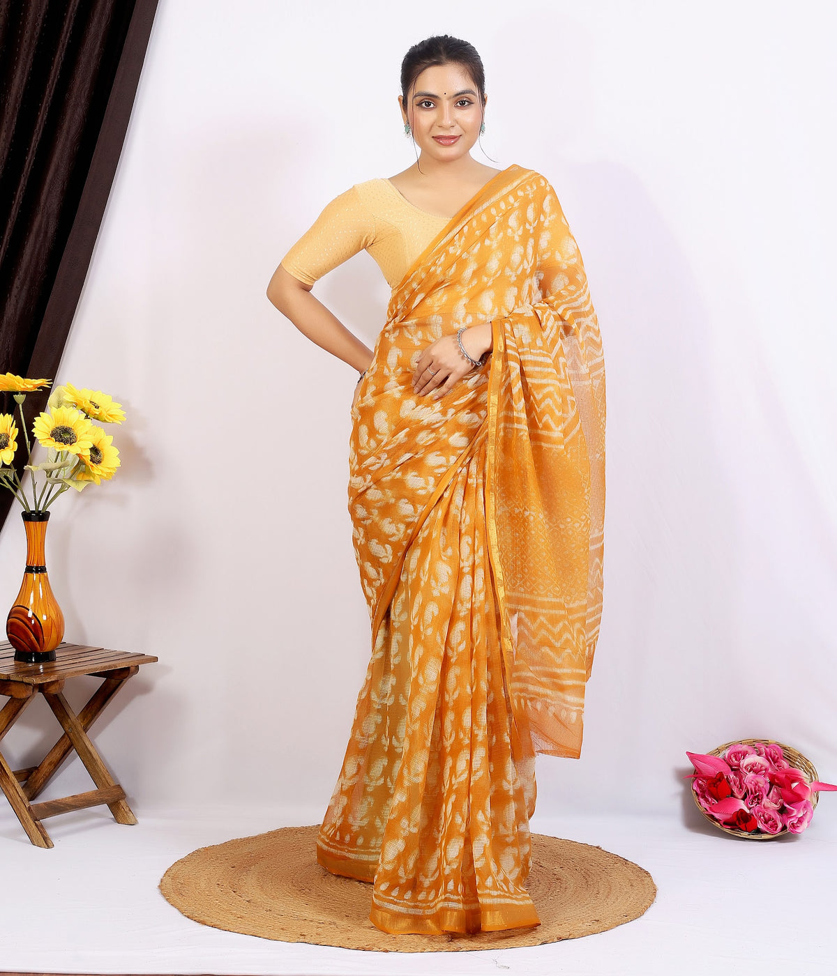 Orange Bagru Jaal Kota Doria bagru hand block print saree with blouse – orange – wholesale Jaipur – view 5