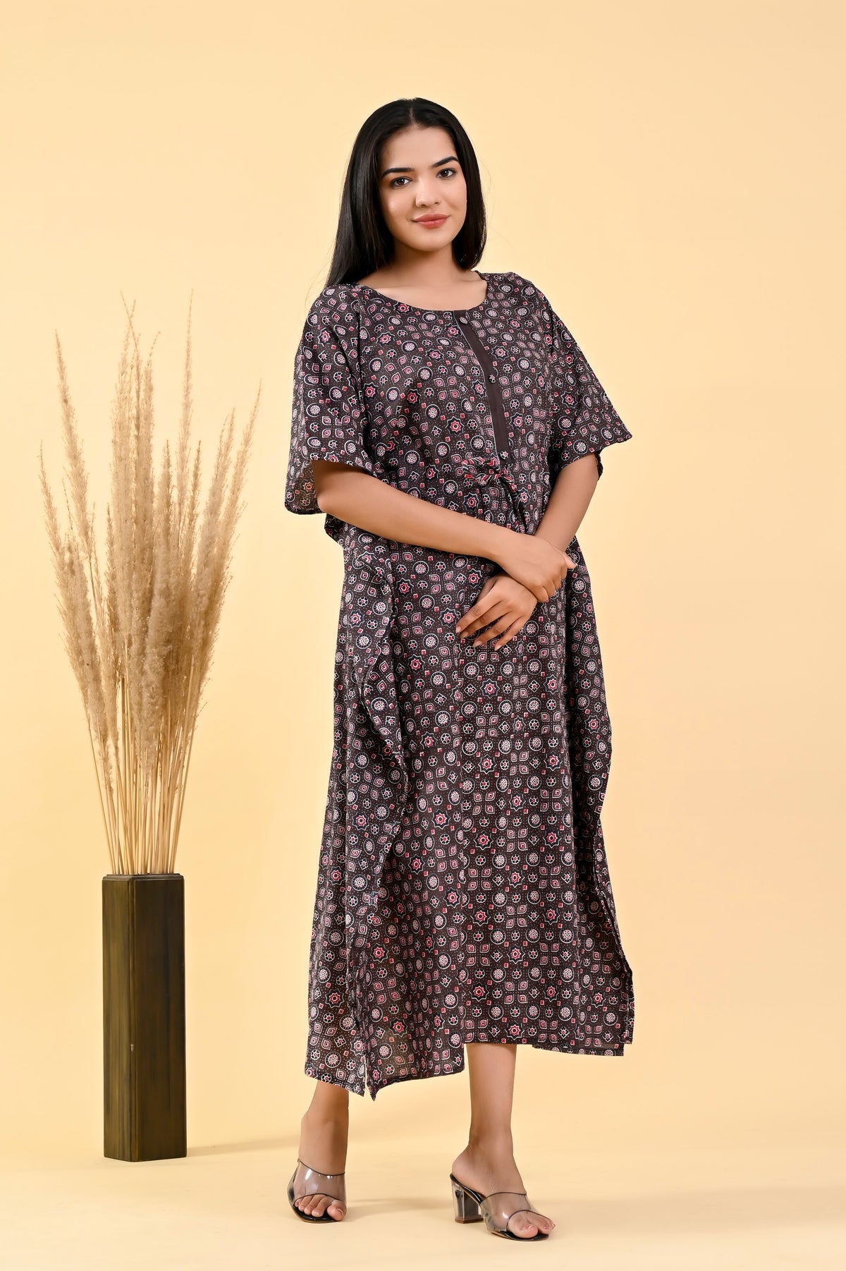 Charcoal Floral long kaftan – make to order wholesale – view 4