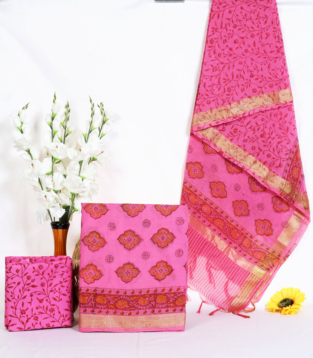 Gulaal Buta hot pink buta maheshwari silk hand block print suit material with zari border – wholesale Jaipur