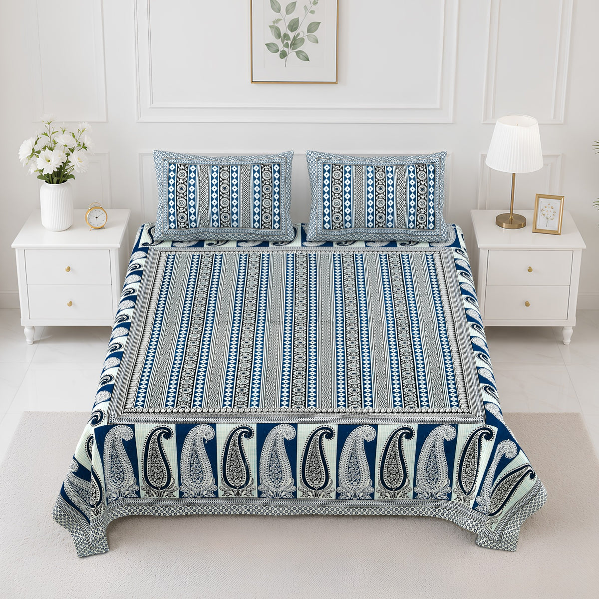 Elite Blue Stripe Paisley Cotton Double Bedsheet 90x108 with 2 Pillow Covers Bedsheet 1RNTQIN1oMWtrdD0XmHthkDiGchB0YFnP_w2000