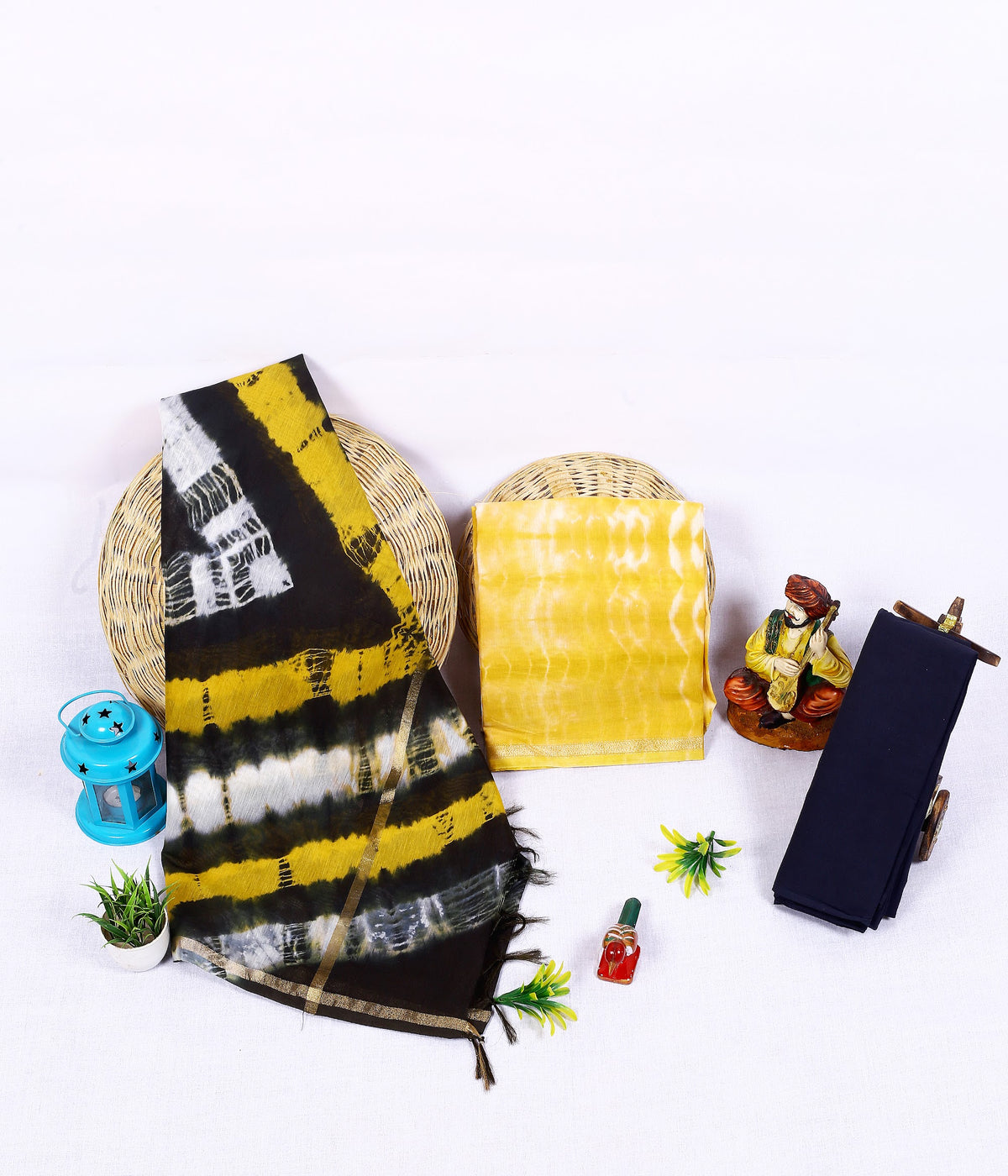 Kaala Peela Shibori Black Yellow Shibori Chanderi silk tie-dye suit material