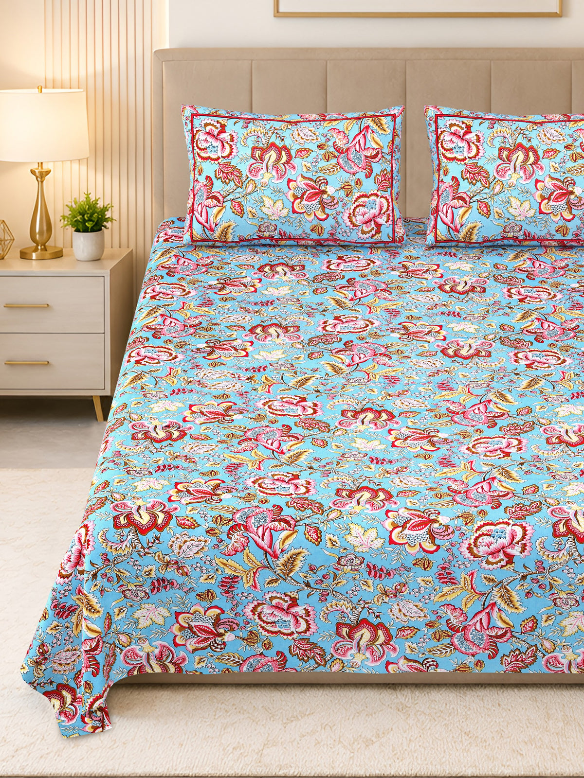 Kalashree Aqua Kalamkari Floral premium cotton double bedsheet 100x108 with 2 pillow covers – aqua and red – wholesale Jaipur – view 5