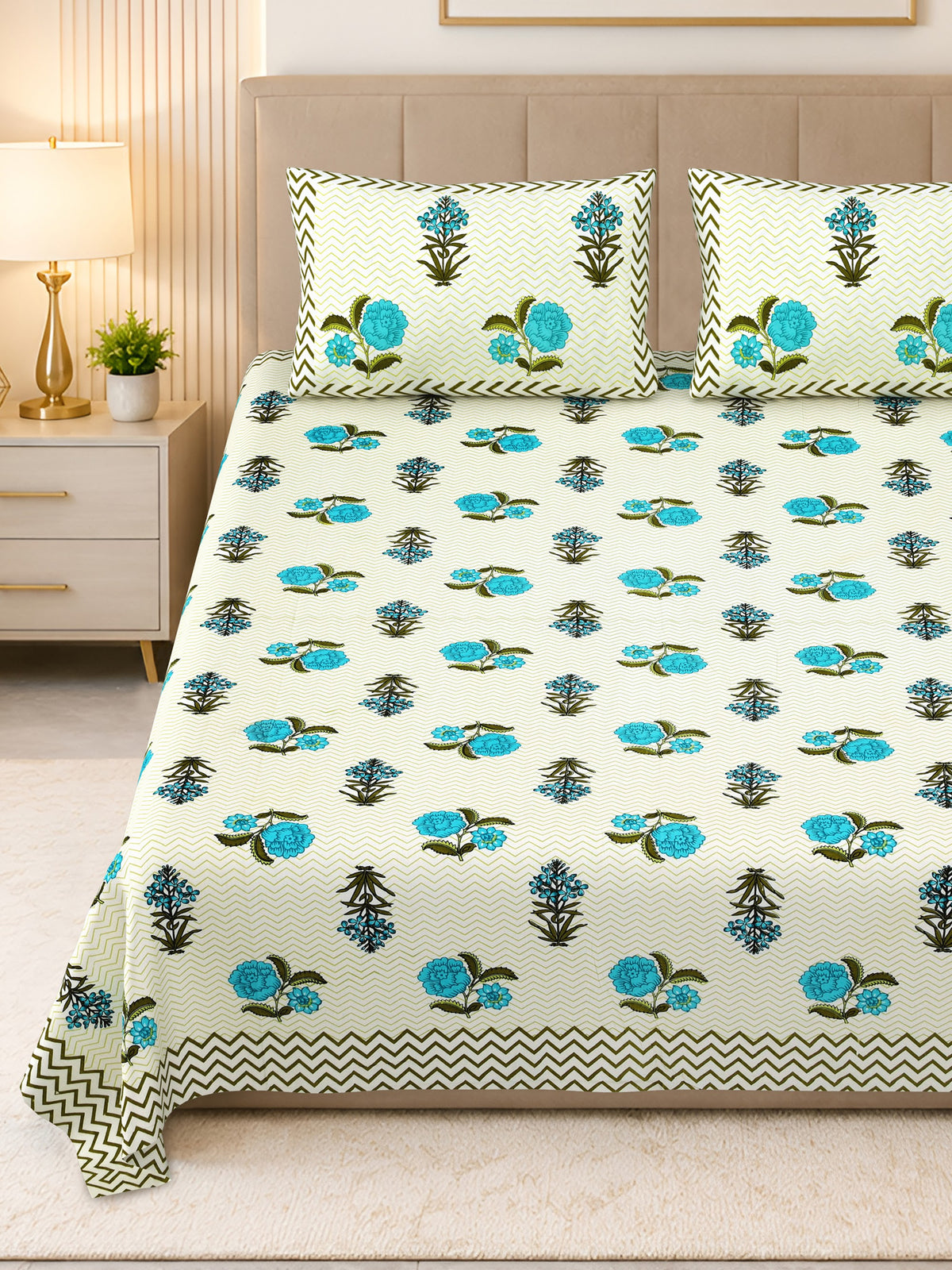 Kalashree Aqua Rose Chevron premium cotton double bedsheet 100x108 with 2 pillow covers – aqua – wholesale Jaipur