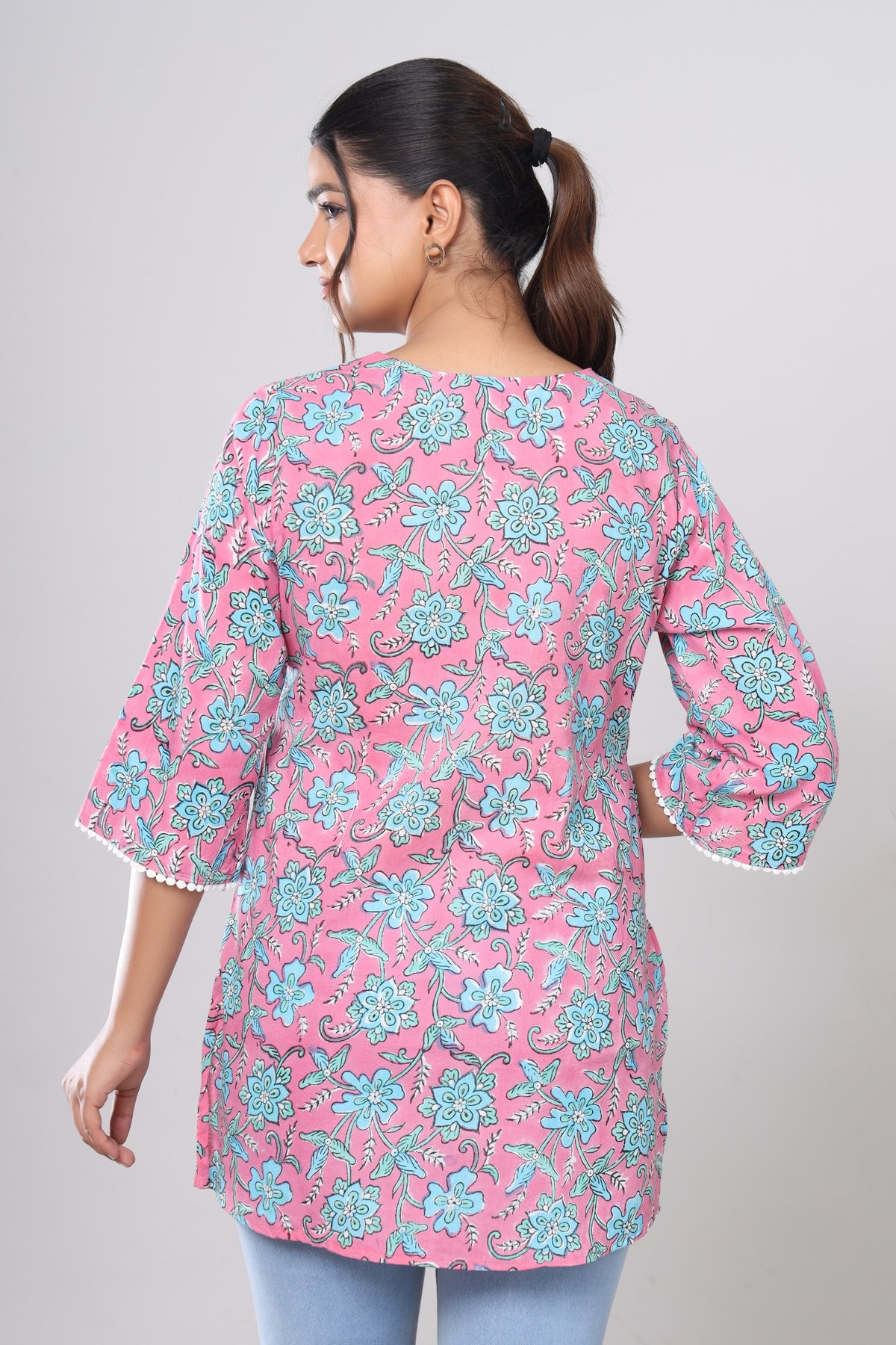 Pink Aqua Floral hand block short kurti – make to order wholesale – view 2