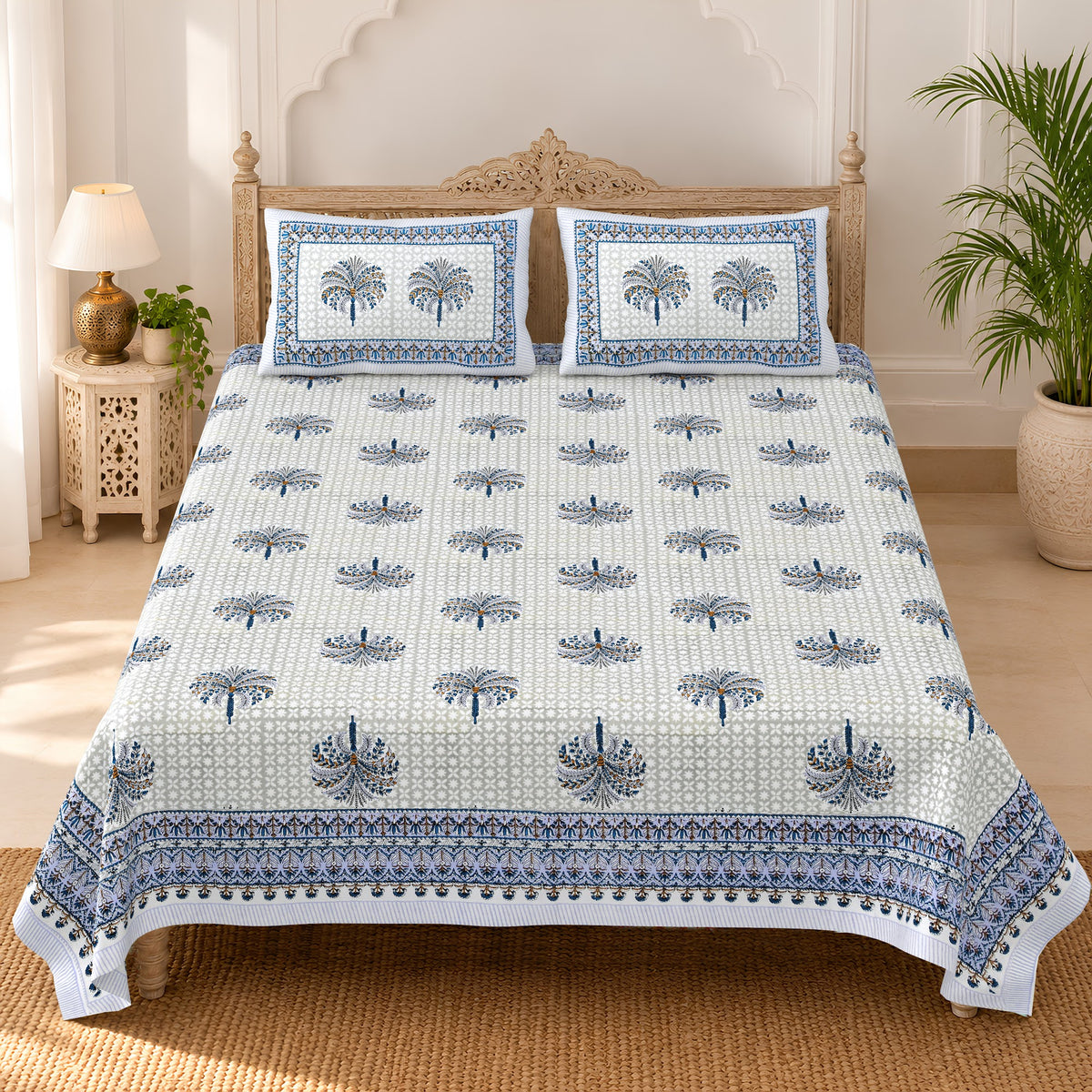 White Indigo Palm Buta pure cotton double bedsheet 90x108 – Unnati collection