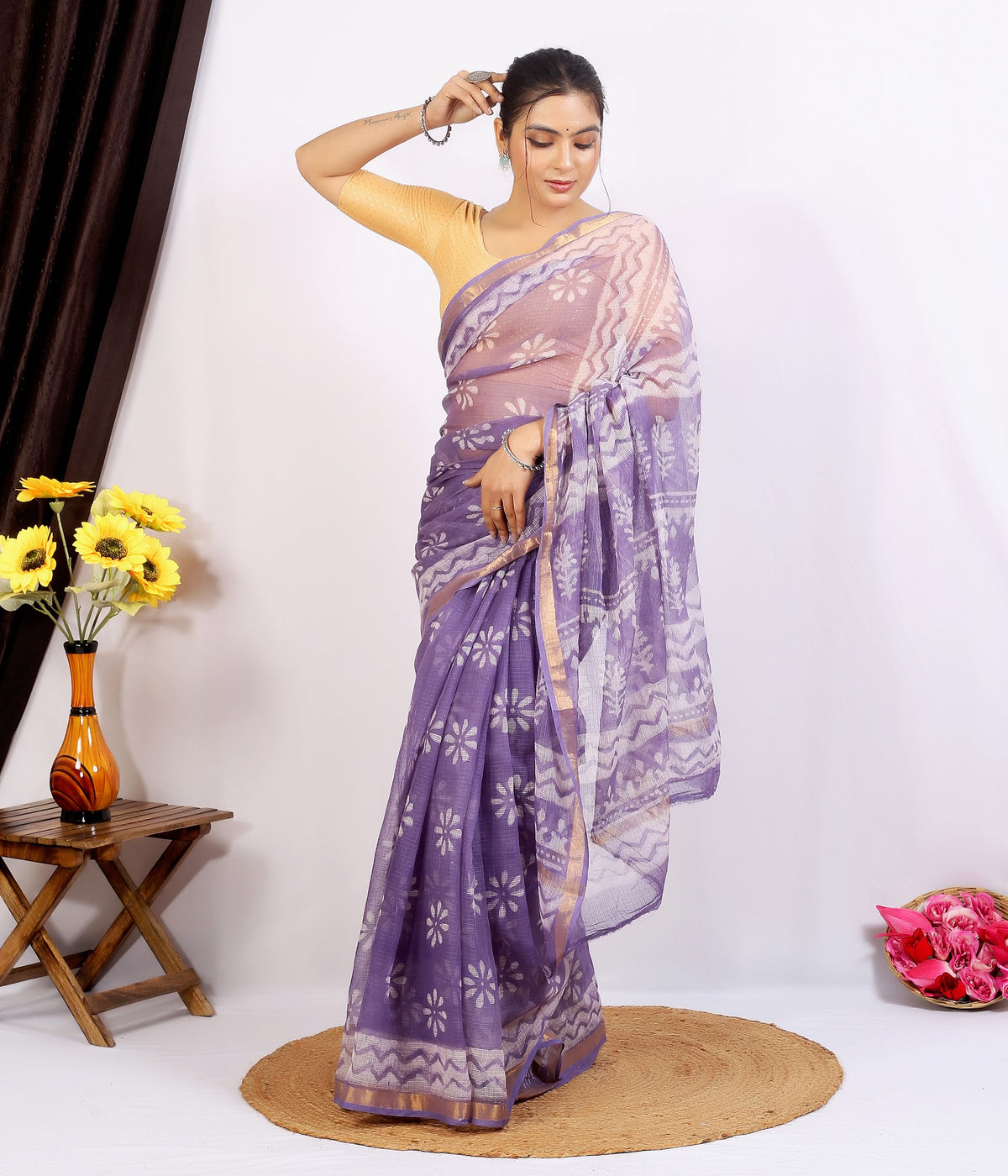 Lavender Floral Buta Kota Doria bagru hand block print saree with blouse – lavender – wholesale Jaipur