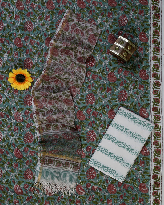 Rangeen Grey Green Rose Jaal Hand Block Print Cotton Suit with Kota Doria Dupatta – Unstitched 3 Piece Suit Material 1T3MFNHCPkokXlsEP58j2ezmw4C8AHdOq_w2000