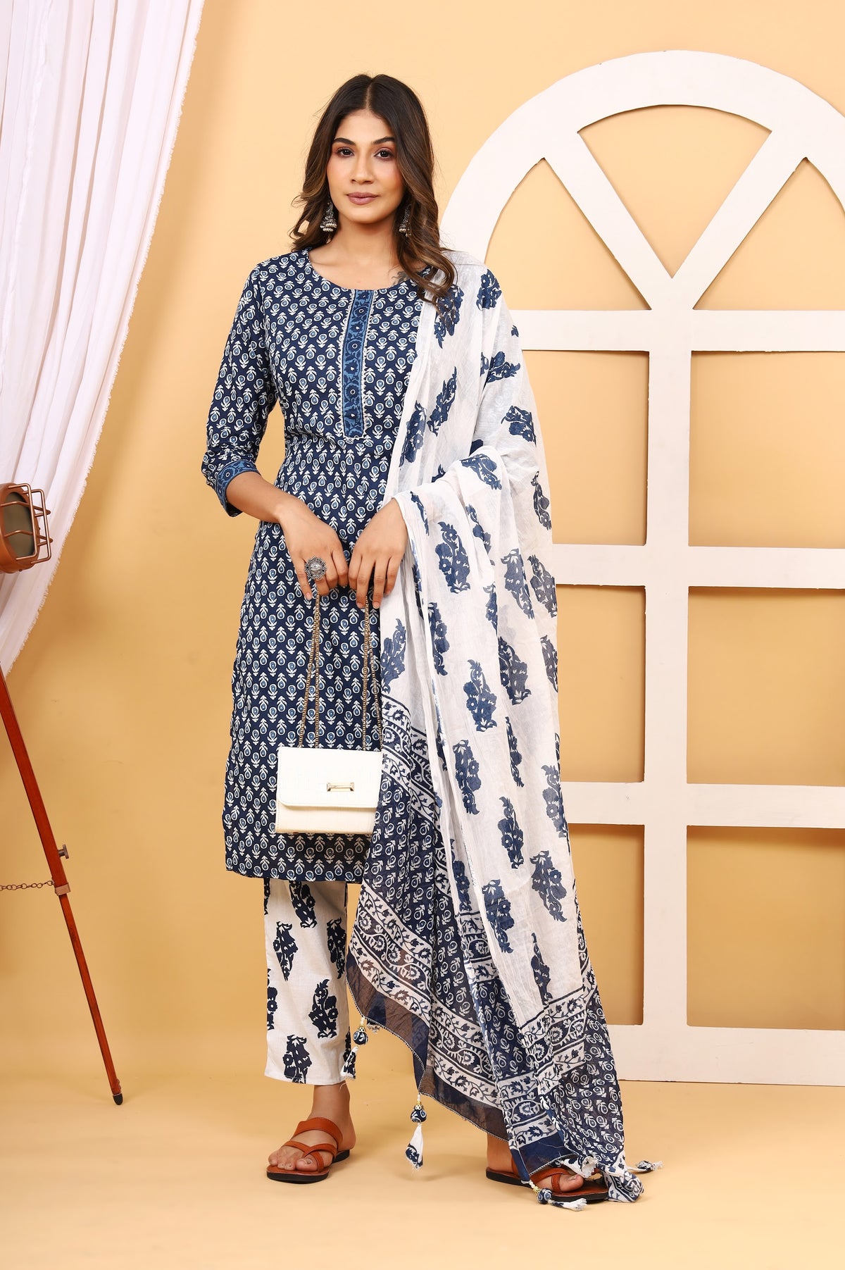 Printed Cotton Kurta Set with Pant & Dupatta – Navy Blue Buta (Make to Order) Ready to Wear 1T8TePVXB_NWa-Avw4SLSq-DoMTUQoG2-_w2000