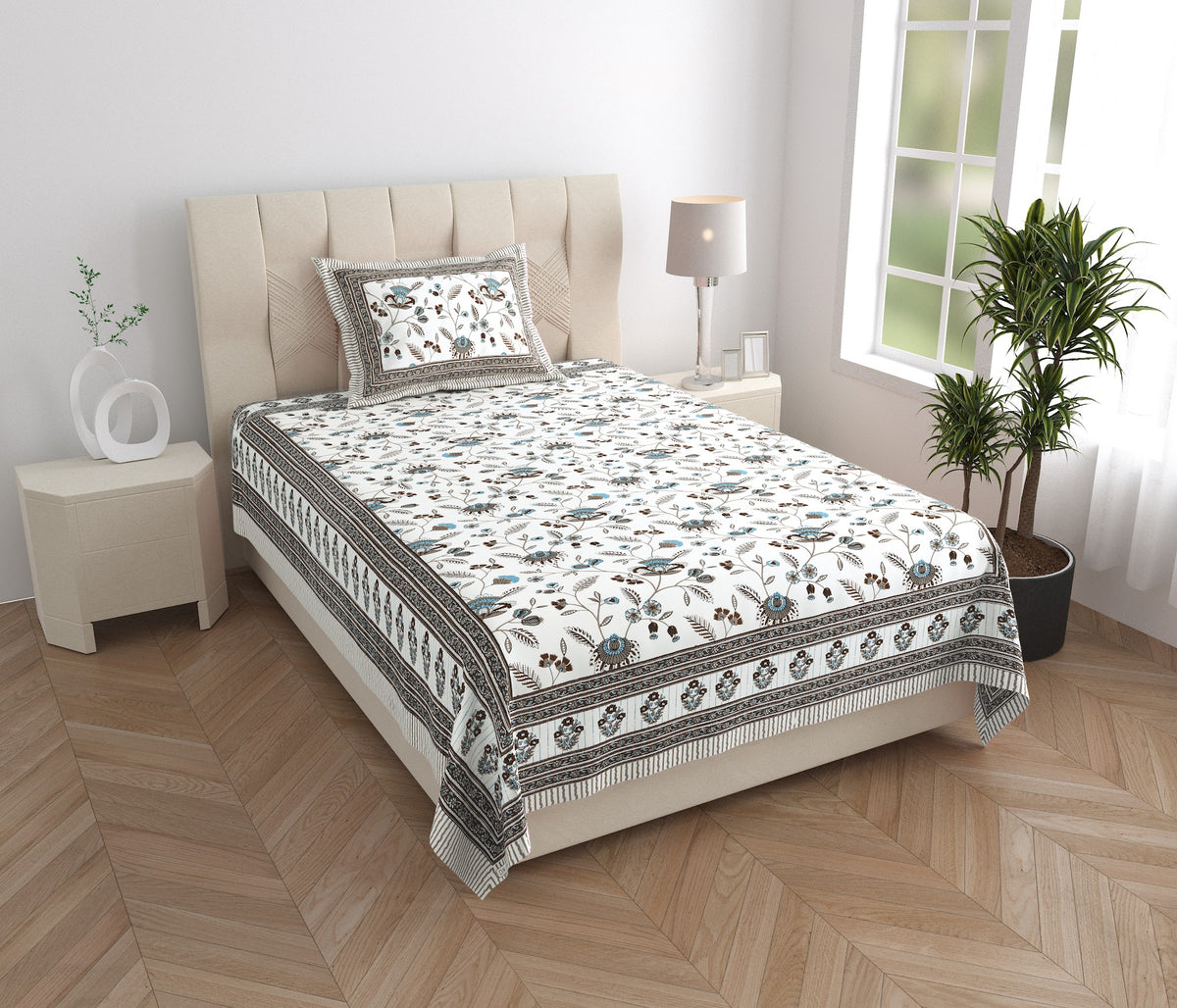 Elora Charcoal Floral Vine Murugan cotton single bedsheet 60x90 with pillow cover – charcoal – wholesale Jaipur – view 5