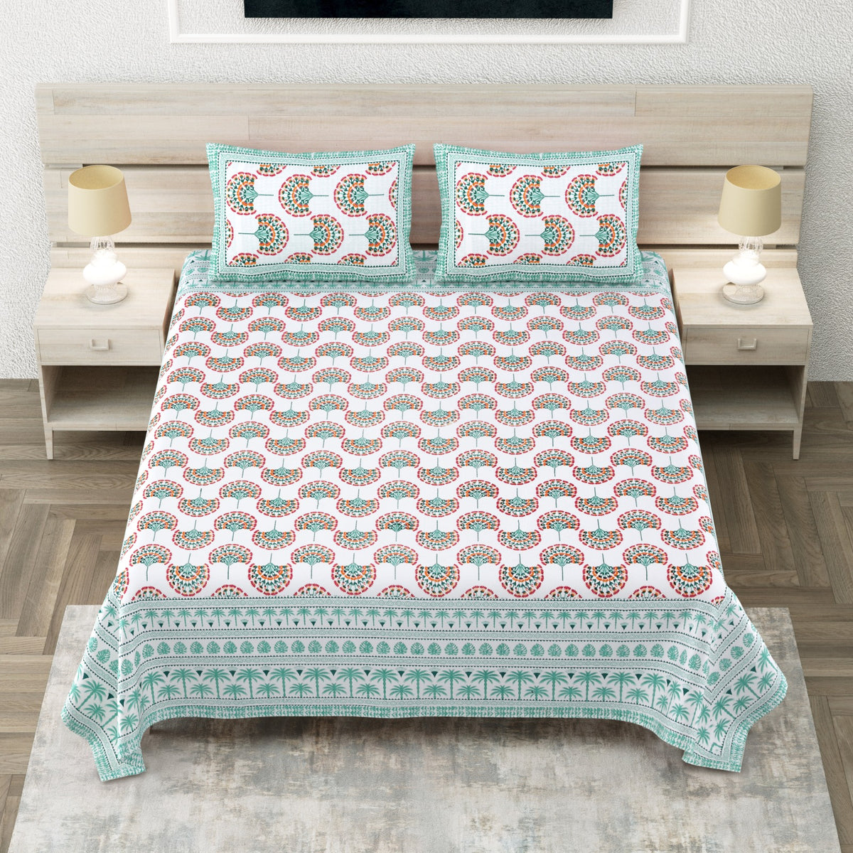 Avantika Aqua Border Fan Scallop Cotton King Bedsheet With 2 Pillow Covers Bedsheet 1TDK-iccruwebT6EK-qjWXaB38Fu_i7Z__w2000
