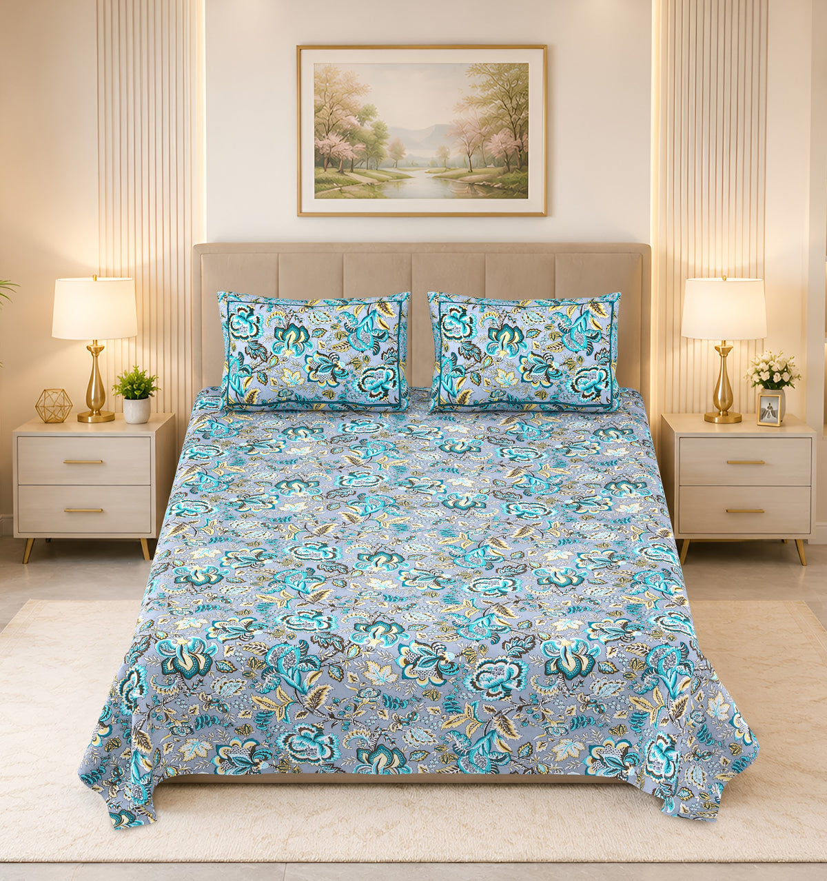 Kalashree Grey Aqua Floral Jaal premium cotton double bedsheet 100x108 with 2 pillow covers – grey and aqua – wholesale Jaipur – view 4
