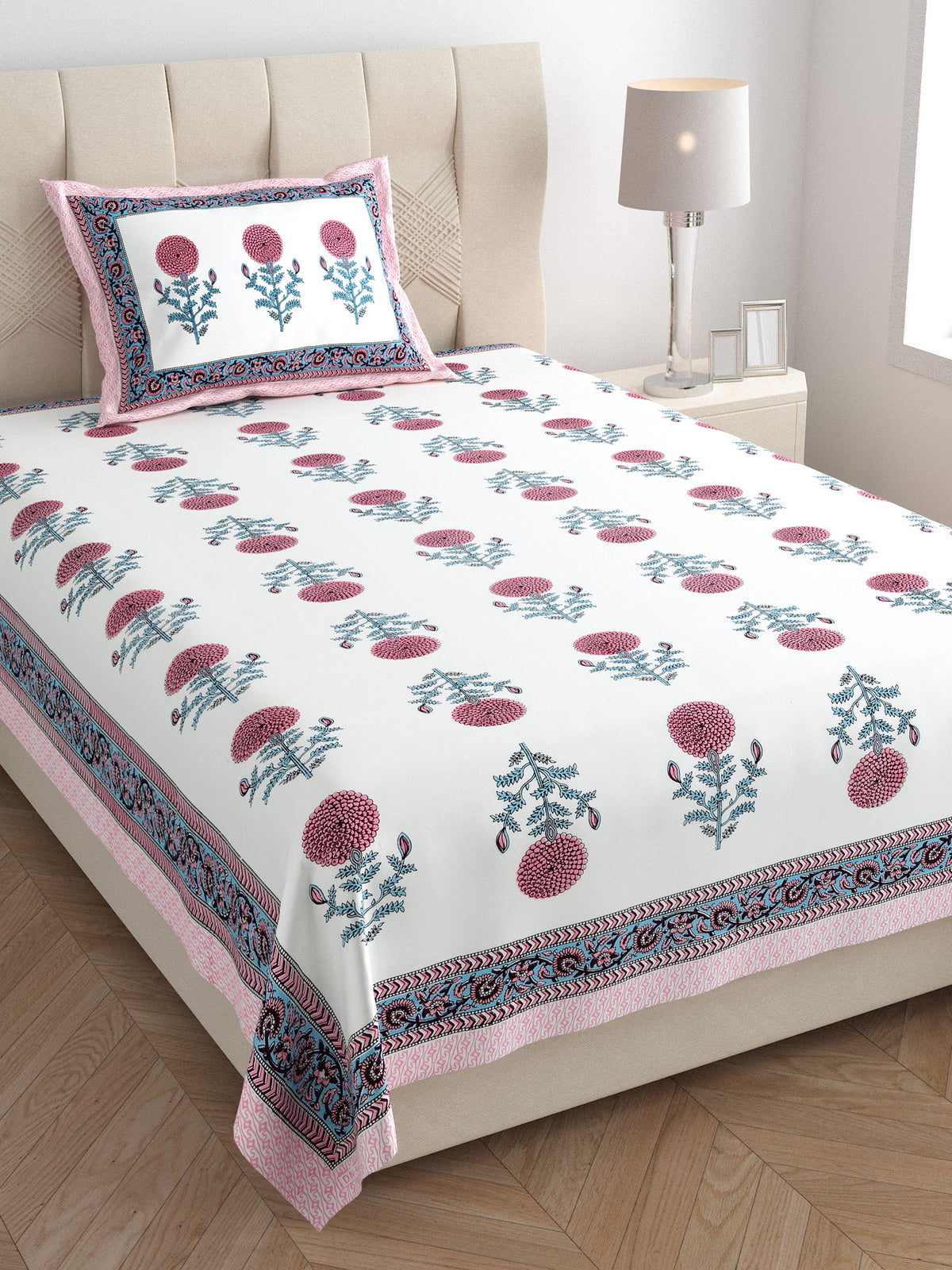 Elora Pink Teal Marigold Buta Murugan cotton single bedsheet 60x90 with pillow cover – pink and teal – wholesale Jaipur