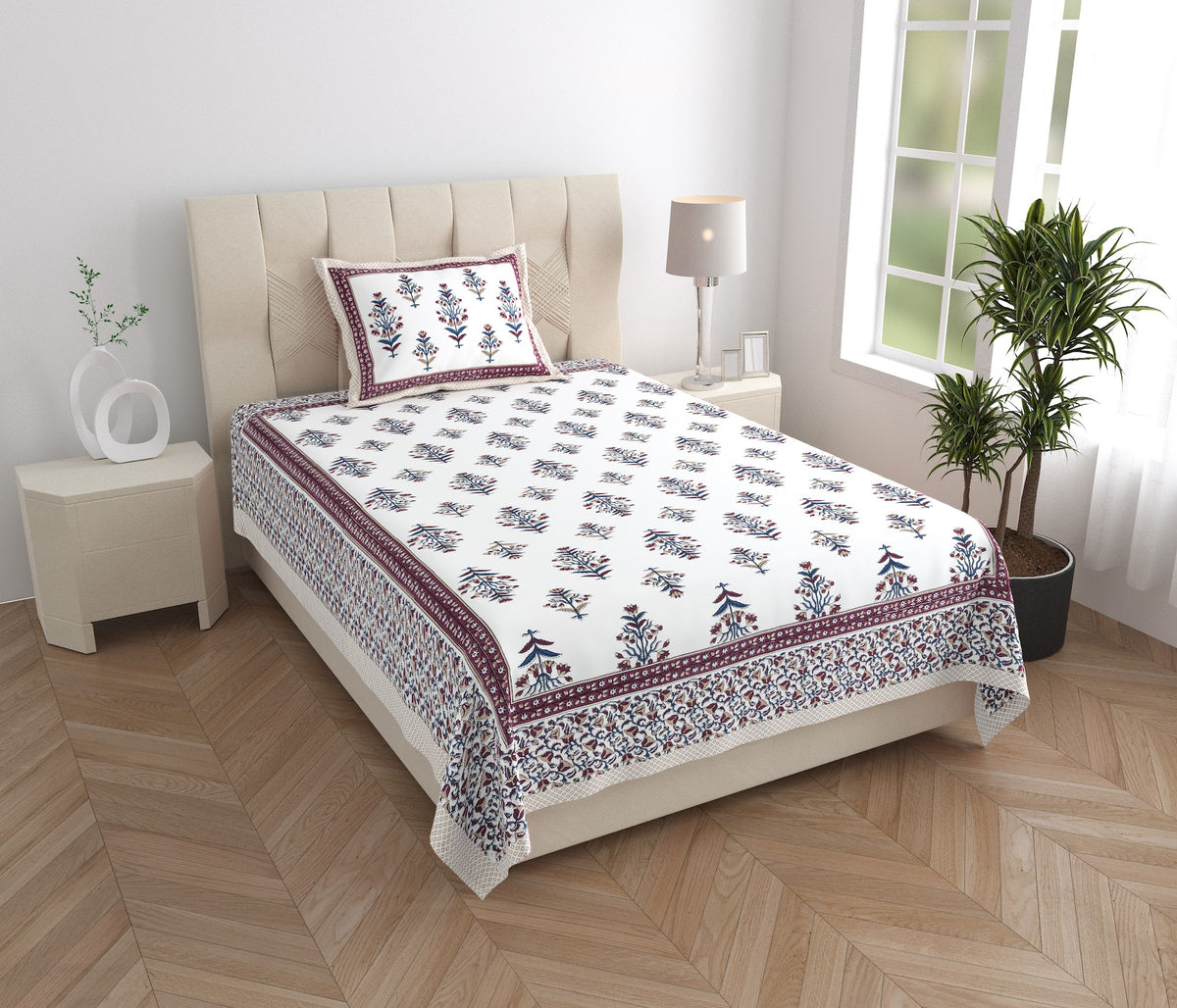 Elora Maroon Border Mughal Buta Murugan Cotton Single Bedsheet 60x90 with 1 Pillow Cover Bedsheet 1T_QrU3_W4k2by8z_zSkaQ7alantSSEq5_w2000