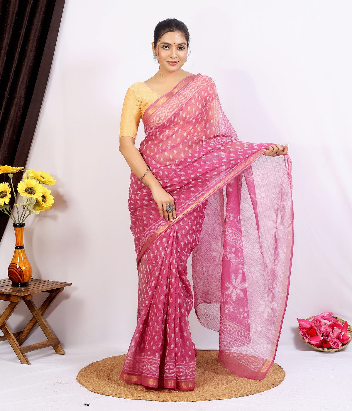 Pink Bagru Jaal Kota Doria bagru hand block print saree with blouse – pink – wholesale Jaipur