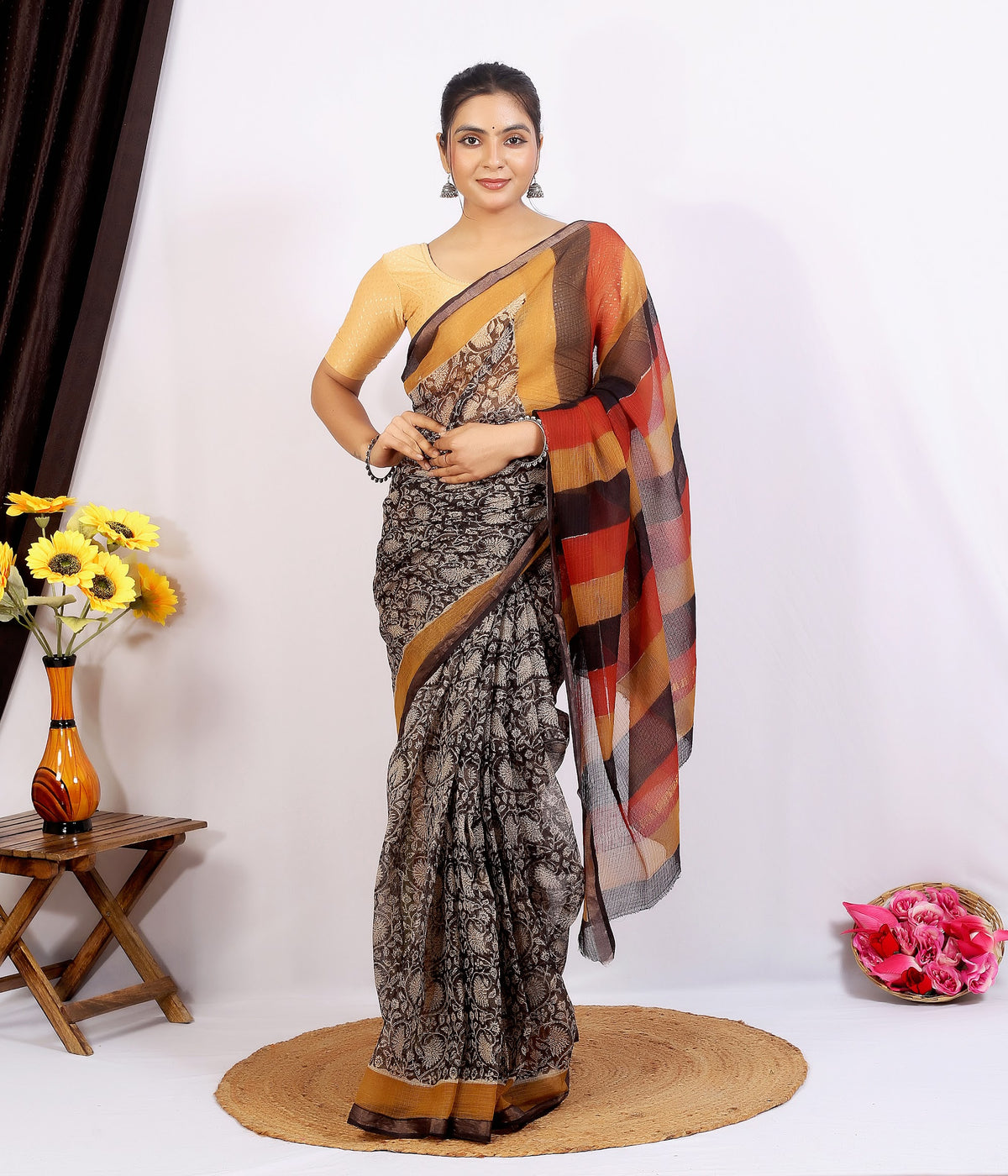 Black Rust Stripe Pallu Kota Doria Hand Block Print Saree with Blouse Saree 1TyUF-YQHAYh-pf0D9H7naVKlxrTRRpqp_w2000