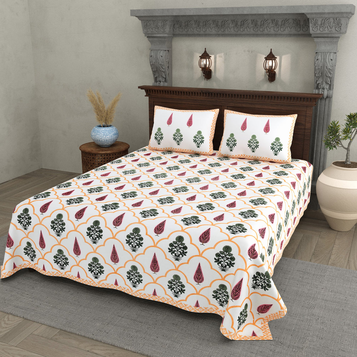 Moti Buta Peach Ogee Buta Cotton Double Bedsheet 90x108 with 2 Pillow Covers Bedsheet 1UCfZXWUMrYW_KoksQHEoNce0M_c3cy4t_w2000