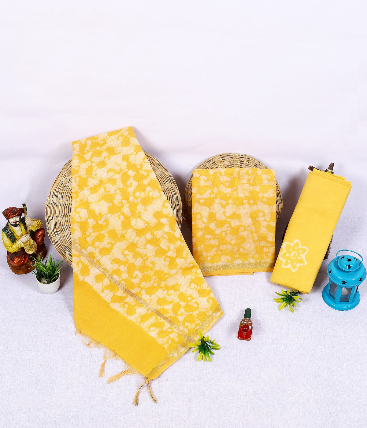 Basanti Phool Yellow Floral Chanderi silk hand block print suit material
