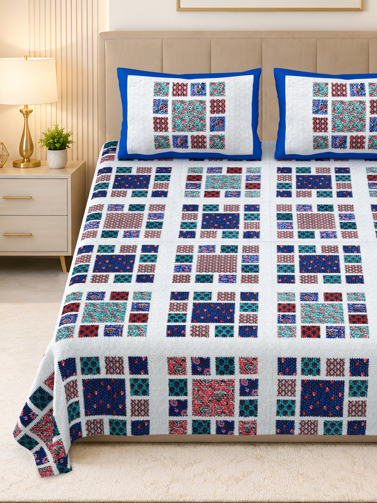 Kalashree Blue Patchwork Check Premium Cotton Double Bedsheet 100x108 with 2 Pillow Covers Bedsheet 1UNbPzJfSAhfvsaZ9aedd1cWUmhj7iLZd_w2000