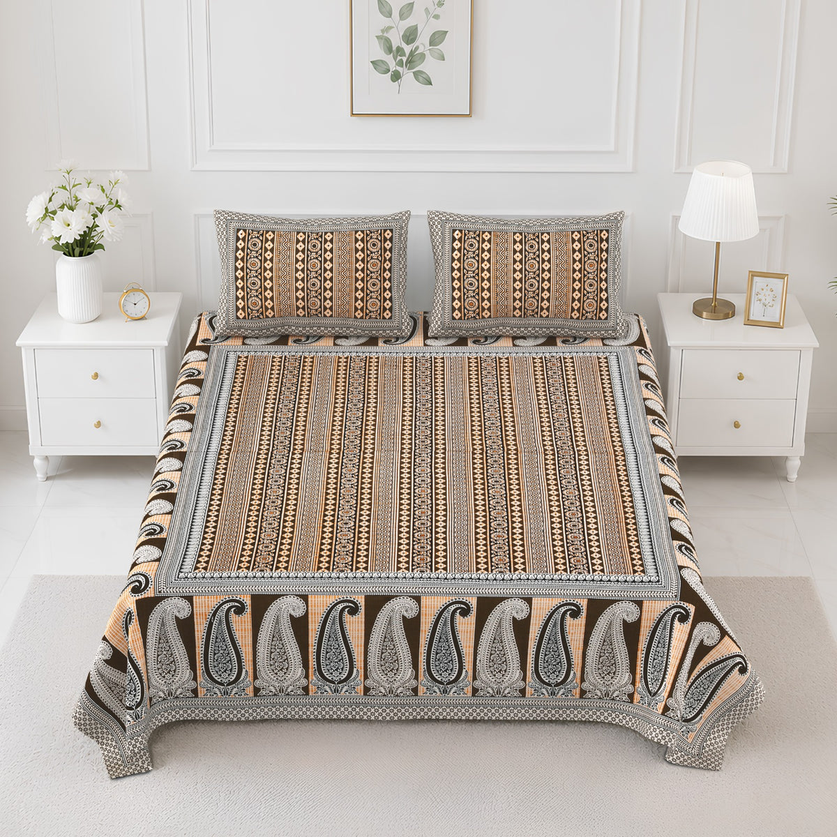 Elite Beige Stripe Paisley Cotton Double Bedsheet 90x108 with 2 Pillow Covers Bedsheet 1UegFm26rCRhov1oheVA9P-KrA6TvKiCG_w2000