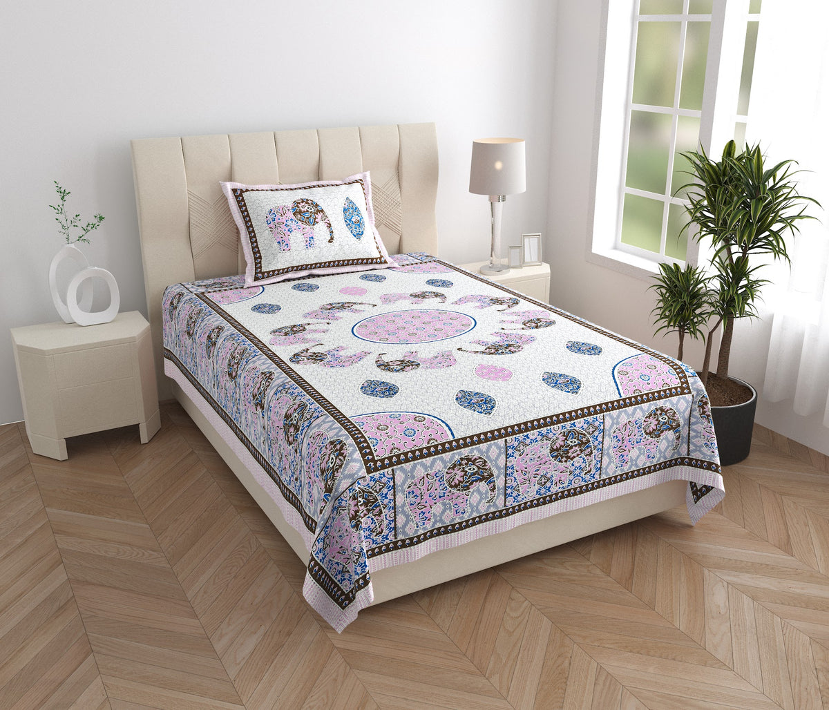 Elora Lilac Elephant Mandala Murugan cotton single bedsheet 60x90 with pillow cover – lilac – wholesale Jaipur – view 5
