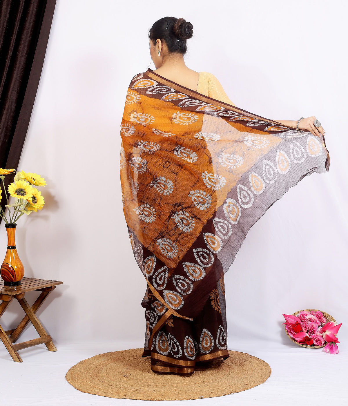 Brown Mustard Pallu Bagru Kota Doria bagru hand block print saree with blouse – brown and mustard – wholesale Jaipur – view 4