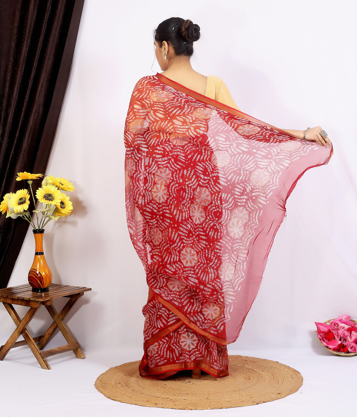 Red Bagru Floral Kota Doria bagru hand block print saree with blouse – red – wholesale Jaipur – view 4
