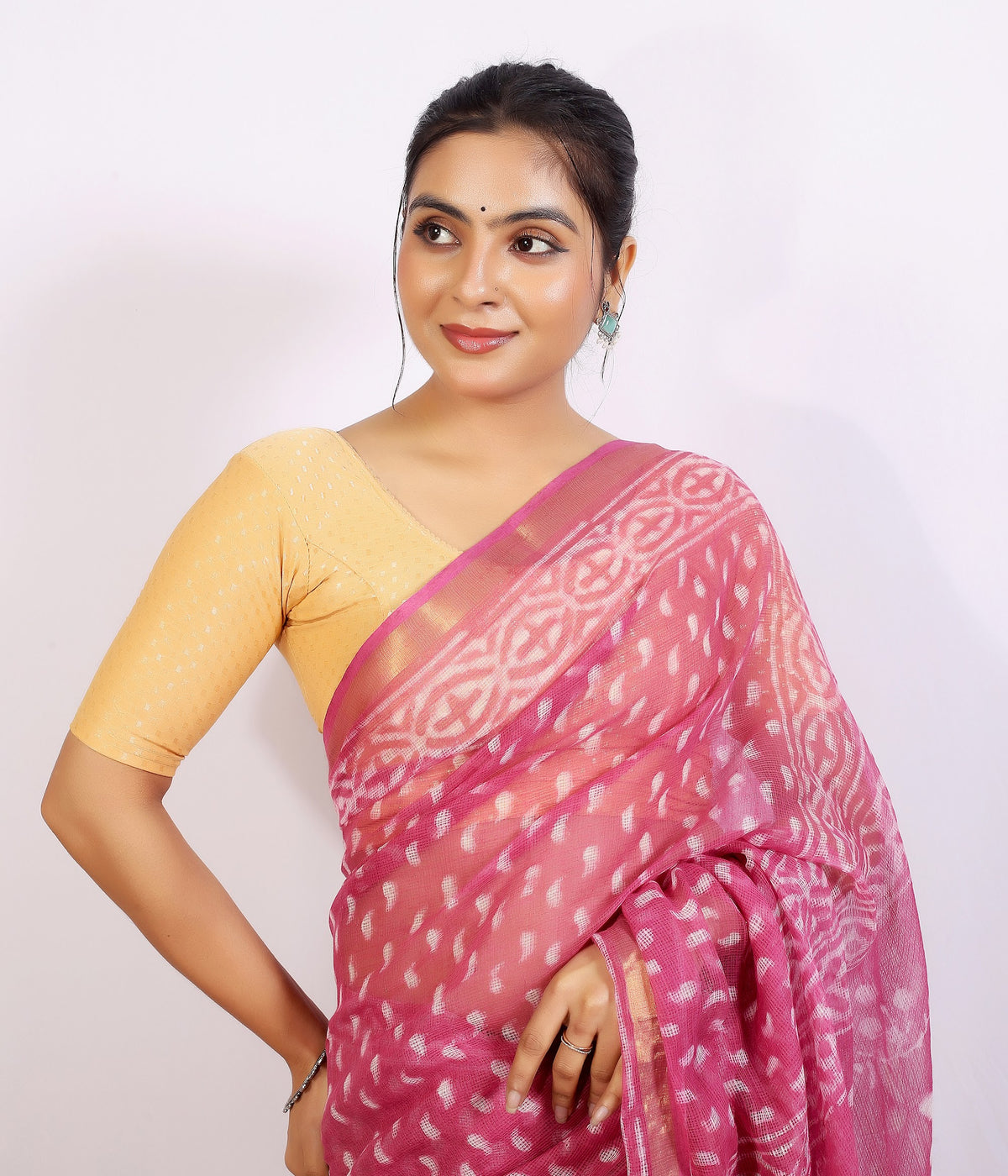 Pink Bagru Jaal Kota Doria bagru hand block print saree with blouse – pink – wholesale Jaipur – view 2