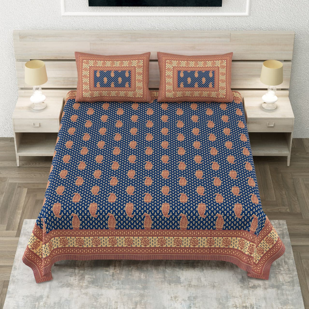 Royal Sanganer Indigo Rust Booti Pure Cotton Double Bedsheet 90x108 with 2 Pillow Covers Bedsheet 1V4HNzoVr04SMt5_09BmPSkxxFSuV9iD8_w2000