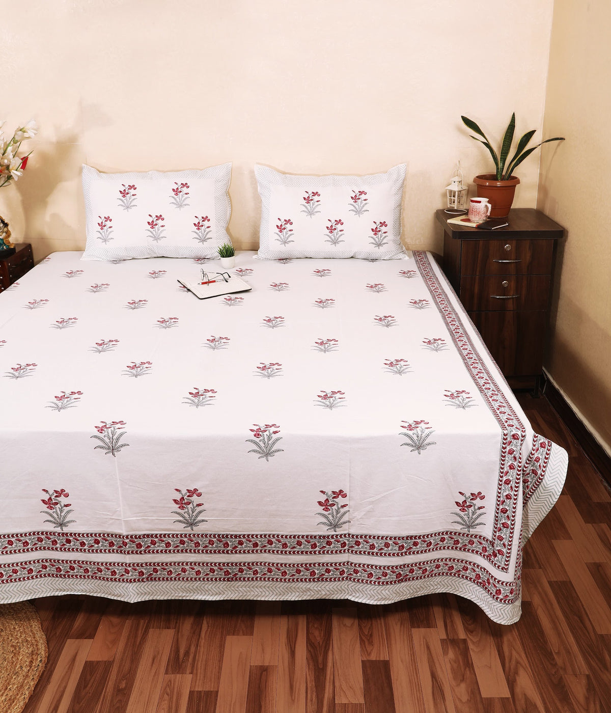 Raj Bagh Phool hand block printed Murugan cotton double bedsheet 95x108 with 2 pillow covers – red and grey – wholesale Jaipur – view 3