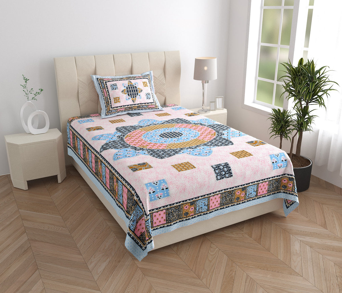 Elora Pink Blue Patchwork Medallion Murugan cotton single bedsheet 60x90 with pillow cover – pink and blue – wholesale Jaipur – view 5