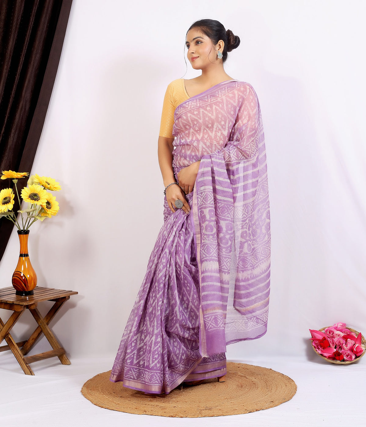 Lilac Floral Buti Kota Doria bagru hand block print saree with blouse – lilac – wholesale Jaipur