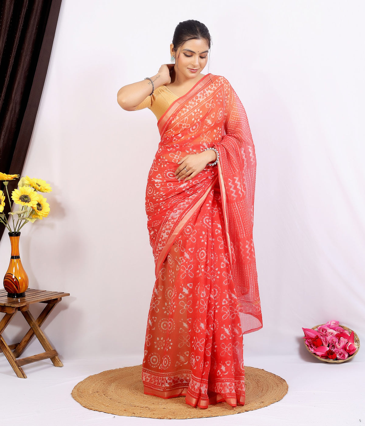 Coral Floral Buta Kota Doria bagru hand block print saree with blouse – coral – wholesale Jaipur – view 5