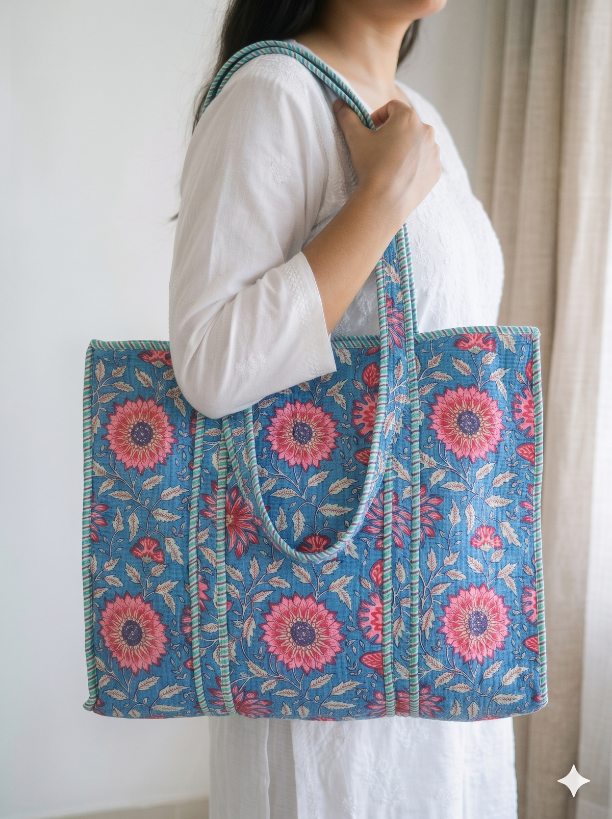 Jaipuri Printed Quilted Cotton Tote Bag | Neel Chakra Phool – Blue Medallion Floral | 18x18 inch | Zipper & Inside Pocket | Wholesale Tote Bag 1Vcyv6K7L6yYdjy4op-4RhFf3yjM-nr9e_w2000