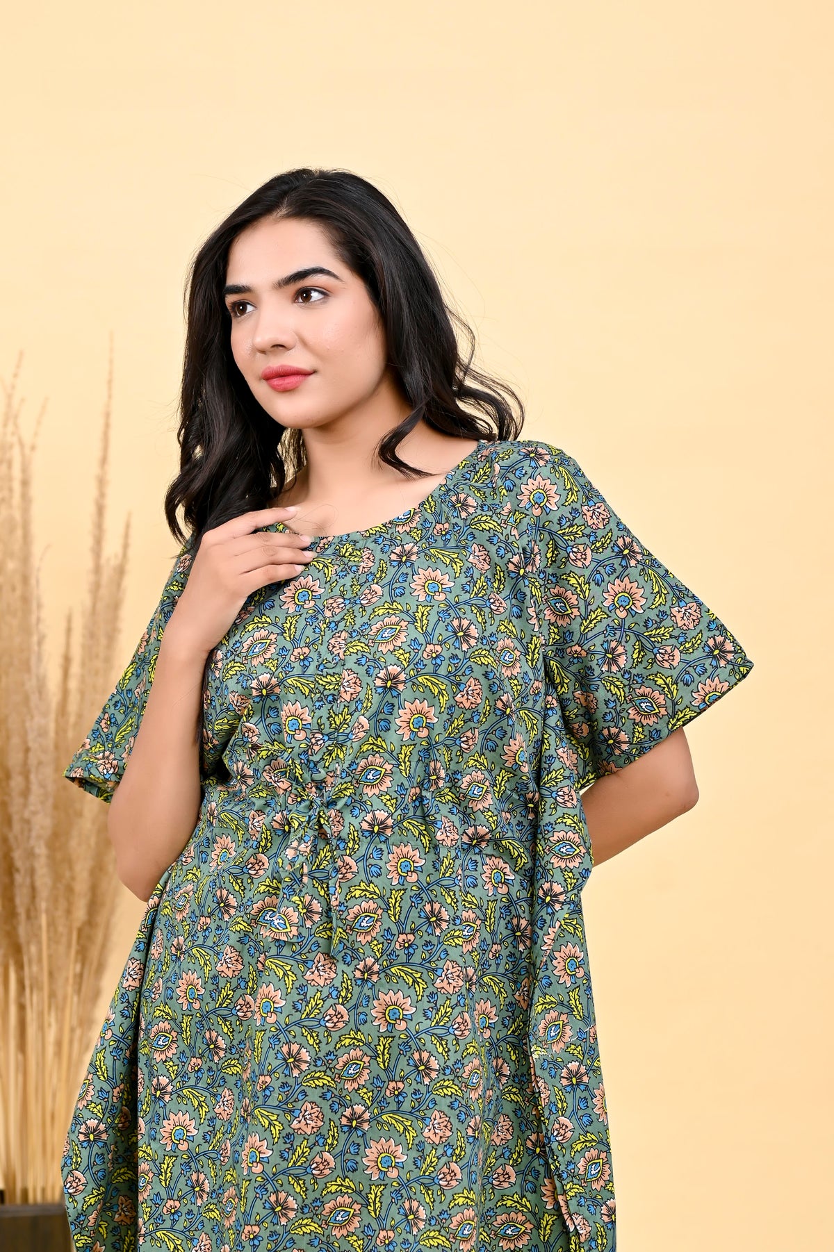 Olive Floral Jaal kaftan dress – make to order wholesale – view 5