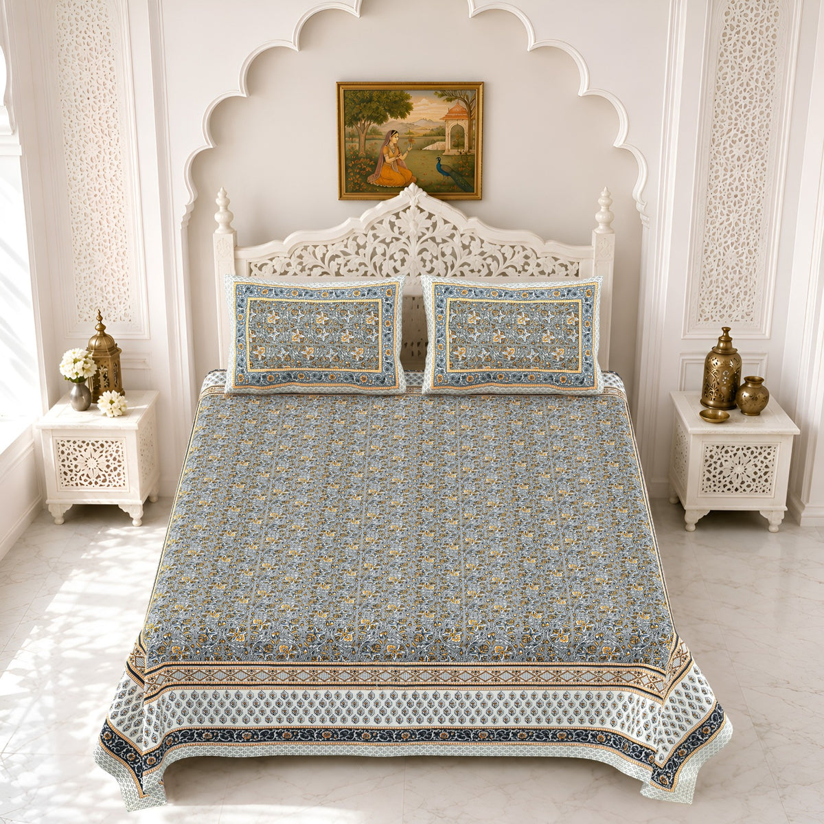Premium Royal Block Grey Floral Border Cotton Double Bedsheet 90x108 with 2 Pillow Covers Bedsheet 1VxSzL5CJgRrl31MjqdLbLx3mgwLGUGVJ_w2000
