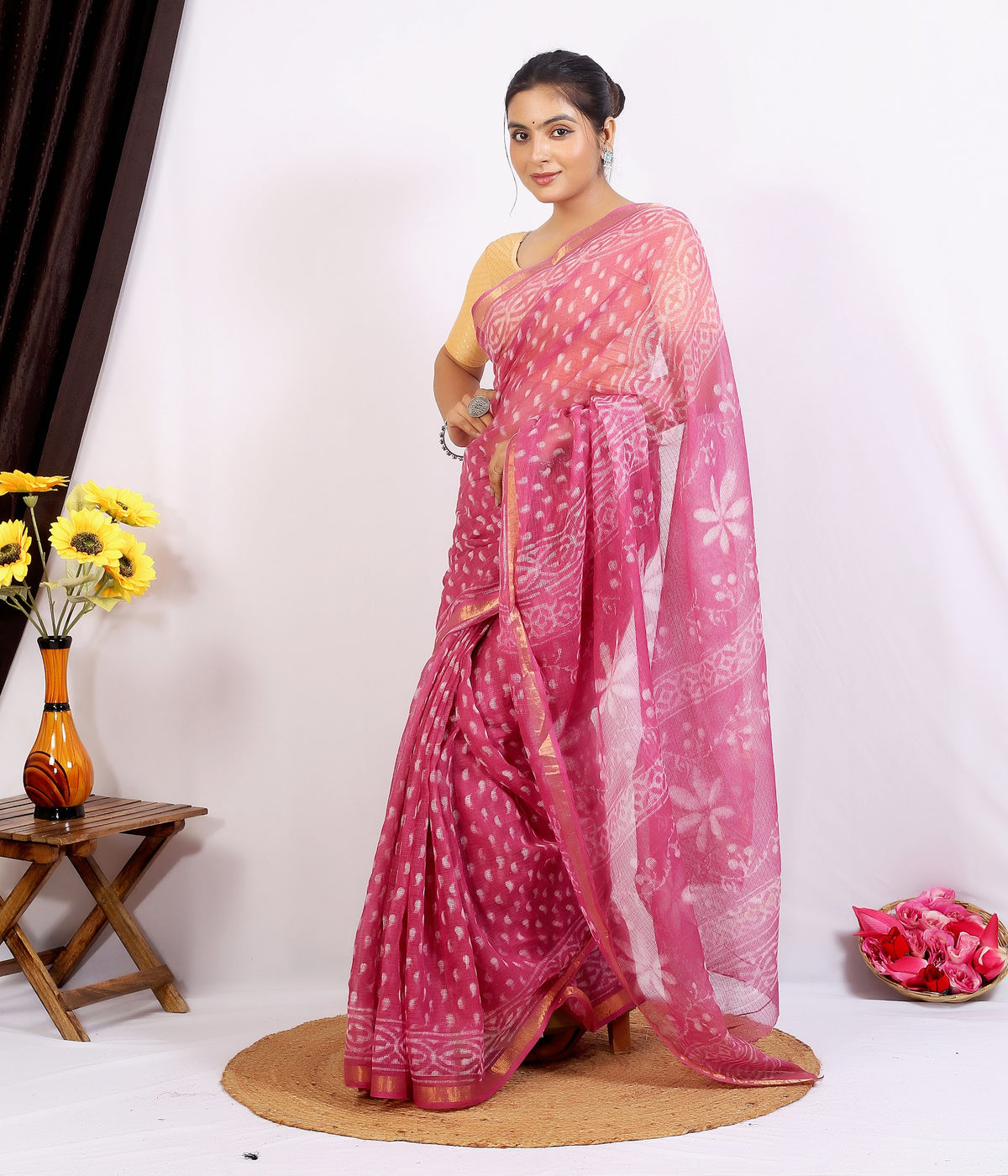 Pink Bagru Jaal Kota Doria bagru hand block print saree with blouse – pink – wholesale Jaipur – view 6